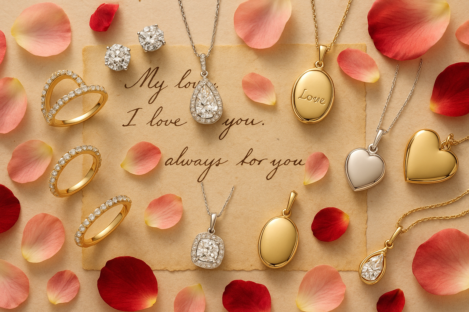 Flat-lay image of 10 anniversary gift jewelry pieces from Sparkling Carat, including diamond studs, pendants, rings, and lockets arranged romantically.