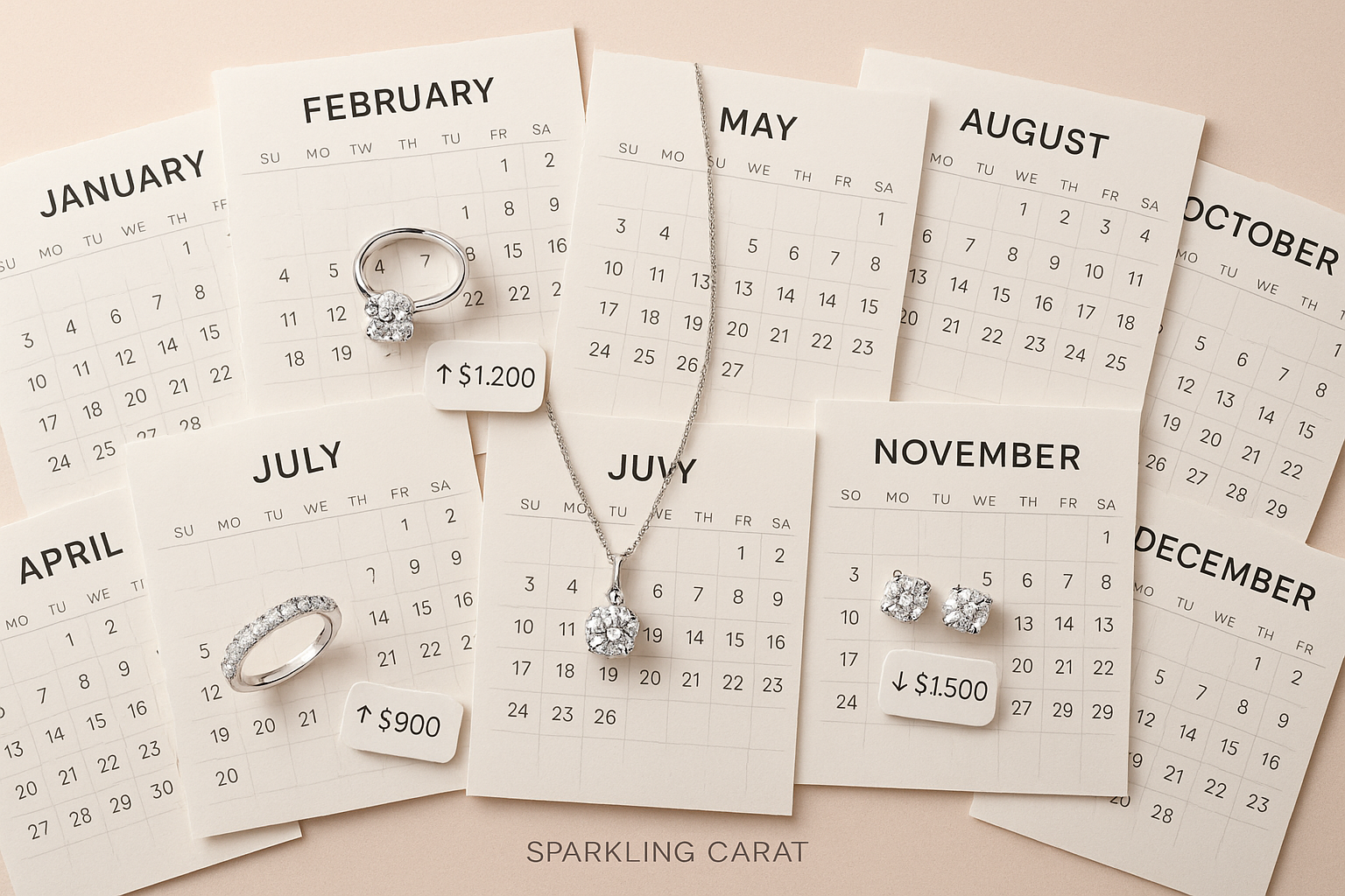 Visual calendar with diamond rings and pricing symbols indicating seasonal fluctuations, showcasing the best months to buy.