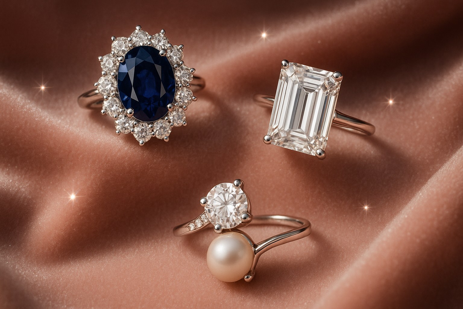 Collage of famous engagement rings from celebrities and royals, showcasing sapphire, emerald-cut, and oval-shaped diamonds.