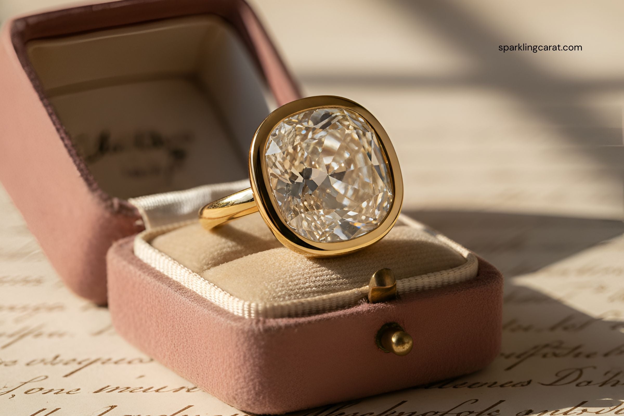 Old Mine cut diamond in modern bezel ring showing warm, candlelight sparkle and chunky vintage facets.
