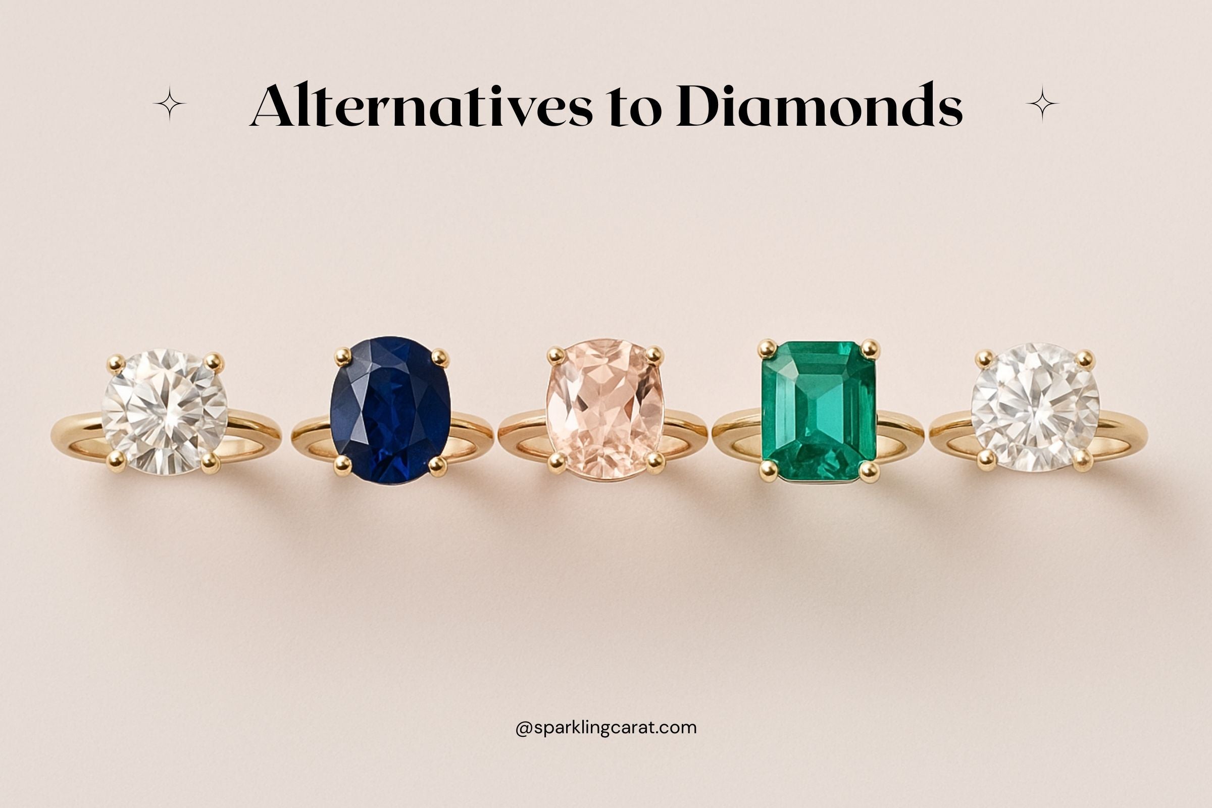 Flat-lay photo of five unique gemstone engagement rings featuring Moissanite, Sapphire, Morganite, Emerald, and White Topaz, displayed elegantly for Sparkling Carat.