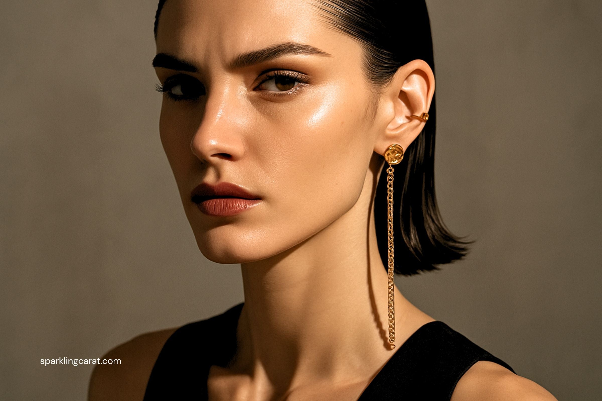 Fashionable woman wearing asymmetrical mismatched earrings — one long and one short — showcasing a modern jewelry trend.