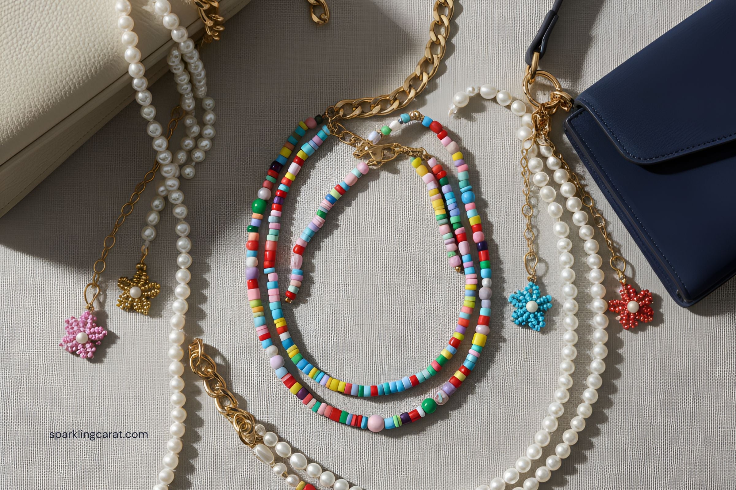 Colorful beaded necklaces and bag charms styled with gold chains and designer handbag for a chic ’90s-inspired jewelry trend.