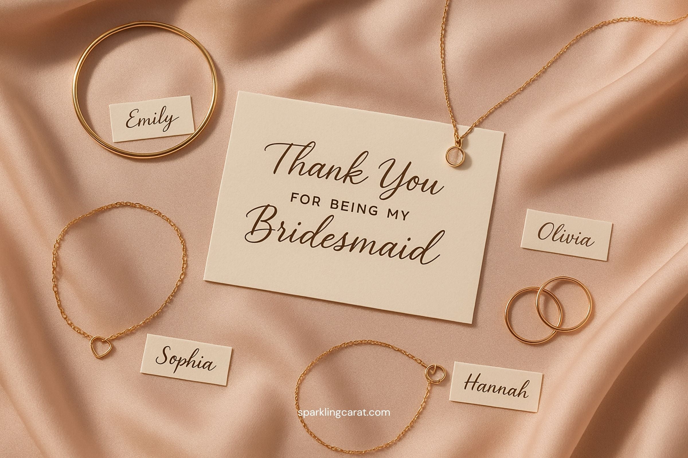 Bridesmaid jewelry gift set including dainty necklaces, personalized rings, and thank-you cards on a blush fabric.