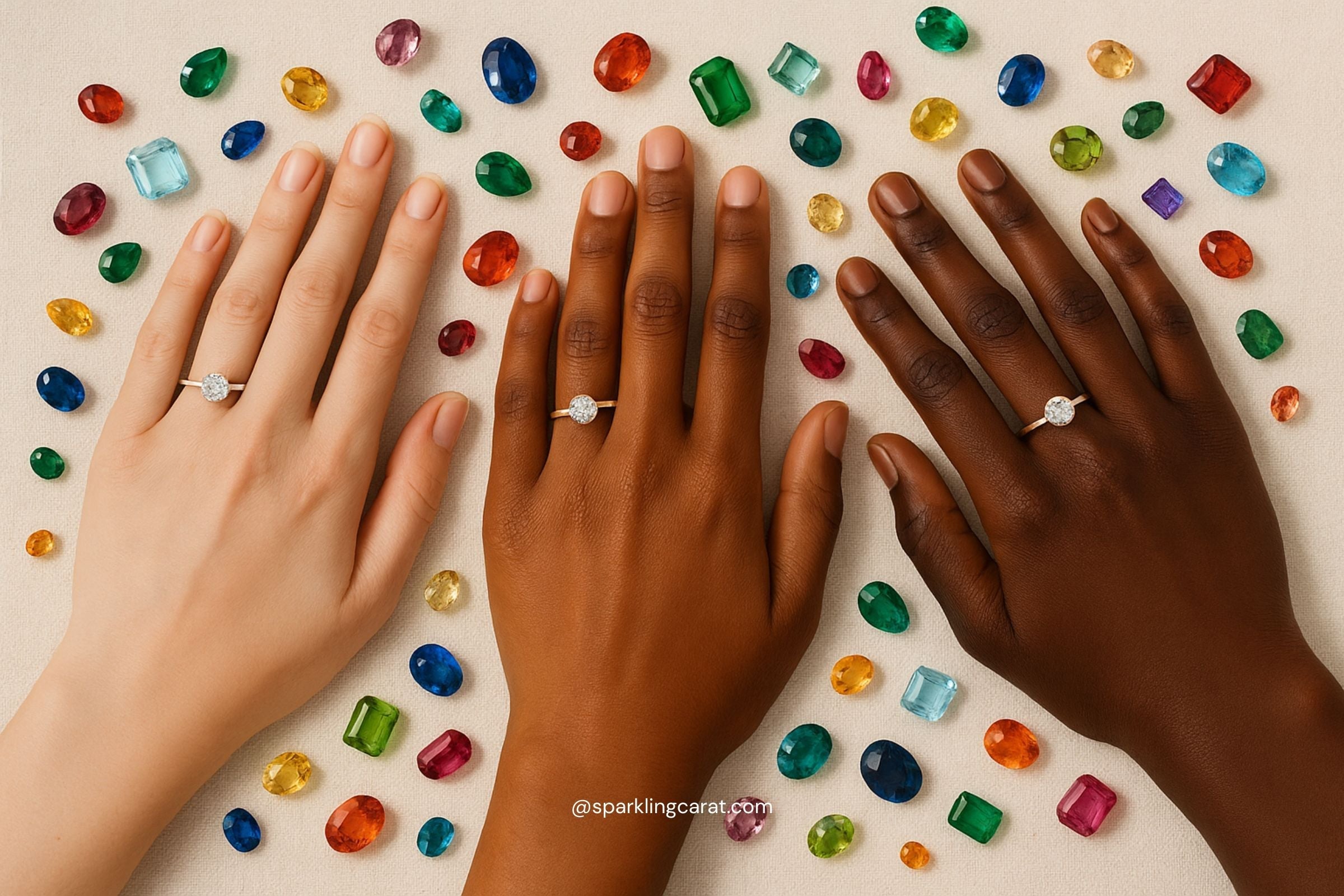 Three hands of different skin tones displaying rings in rose, white, and yellow gold, placed next to gemstones that complement each tone.