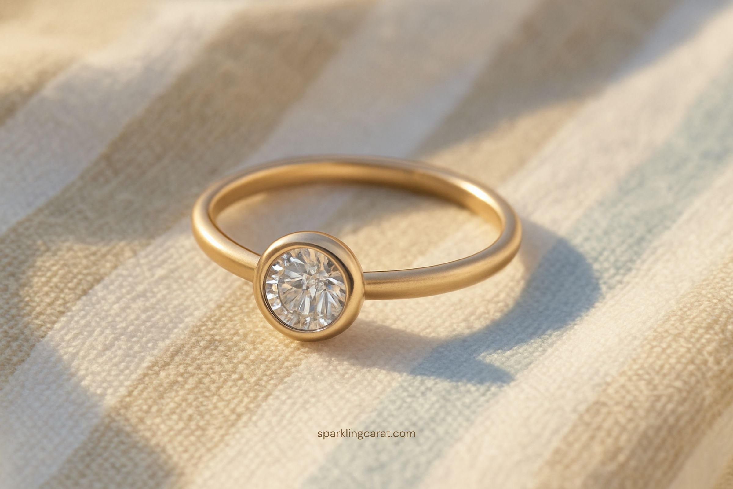 Bezel-set diamond ring styled for summer with a secure, minimalist setting.