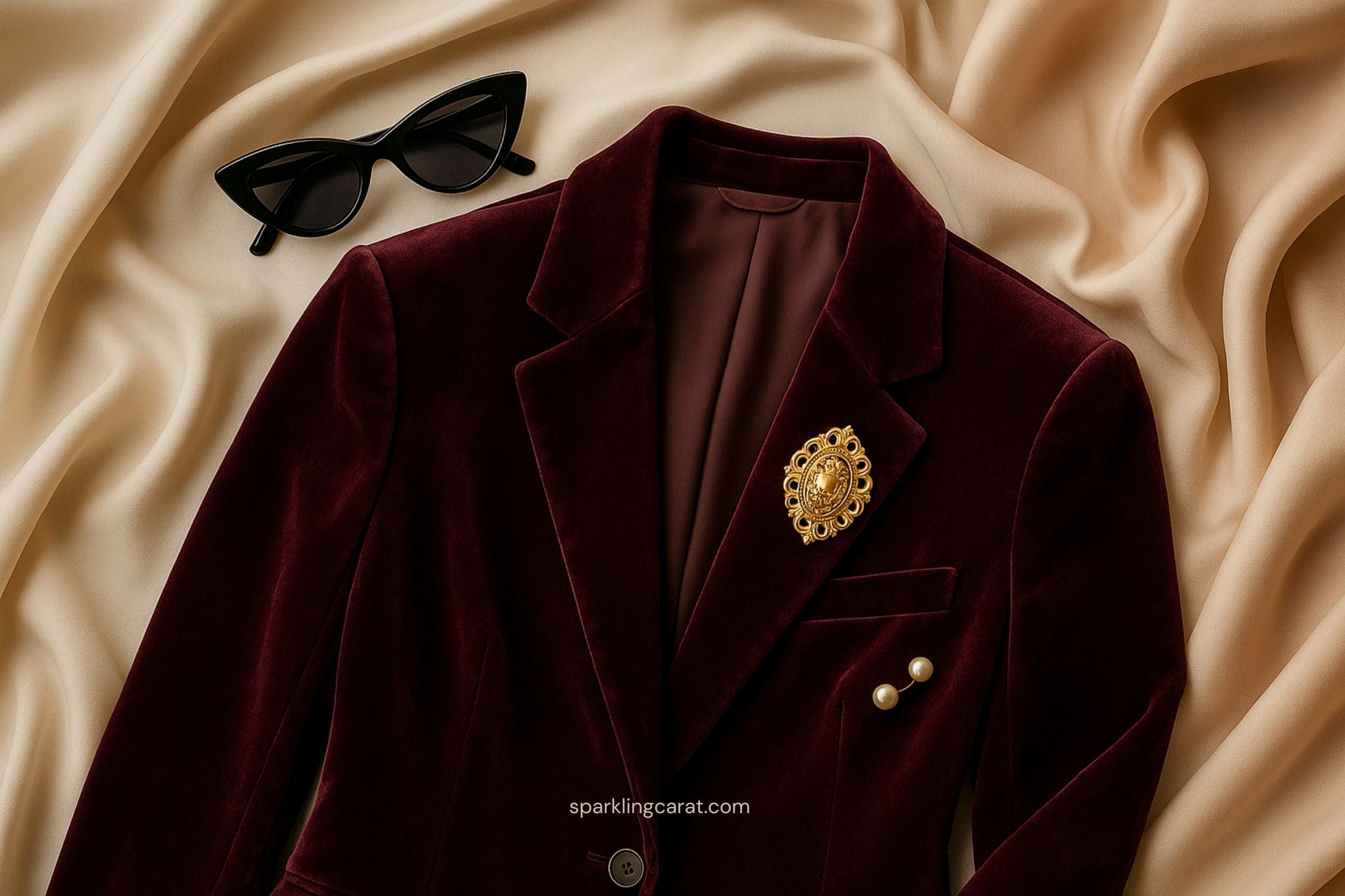 Gold vintage brooch pinned on a modern blazer lapel in a chic fashion flat lay.