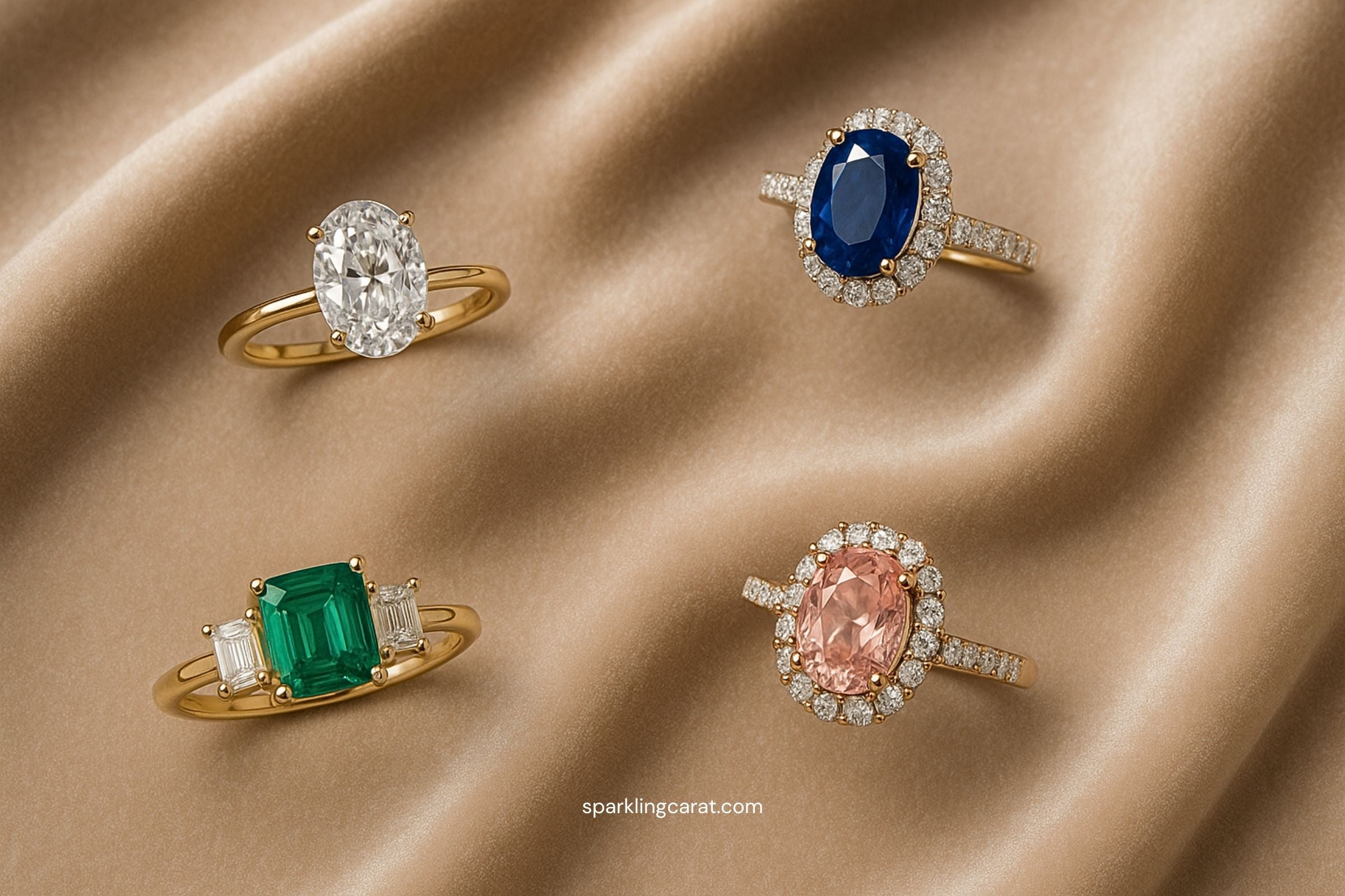 Affordable engagement ring styles inspired by celebrities, including oval, three-stone, and sapphire rings on a soft velvet background.