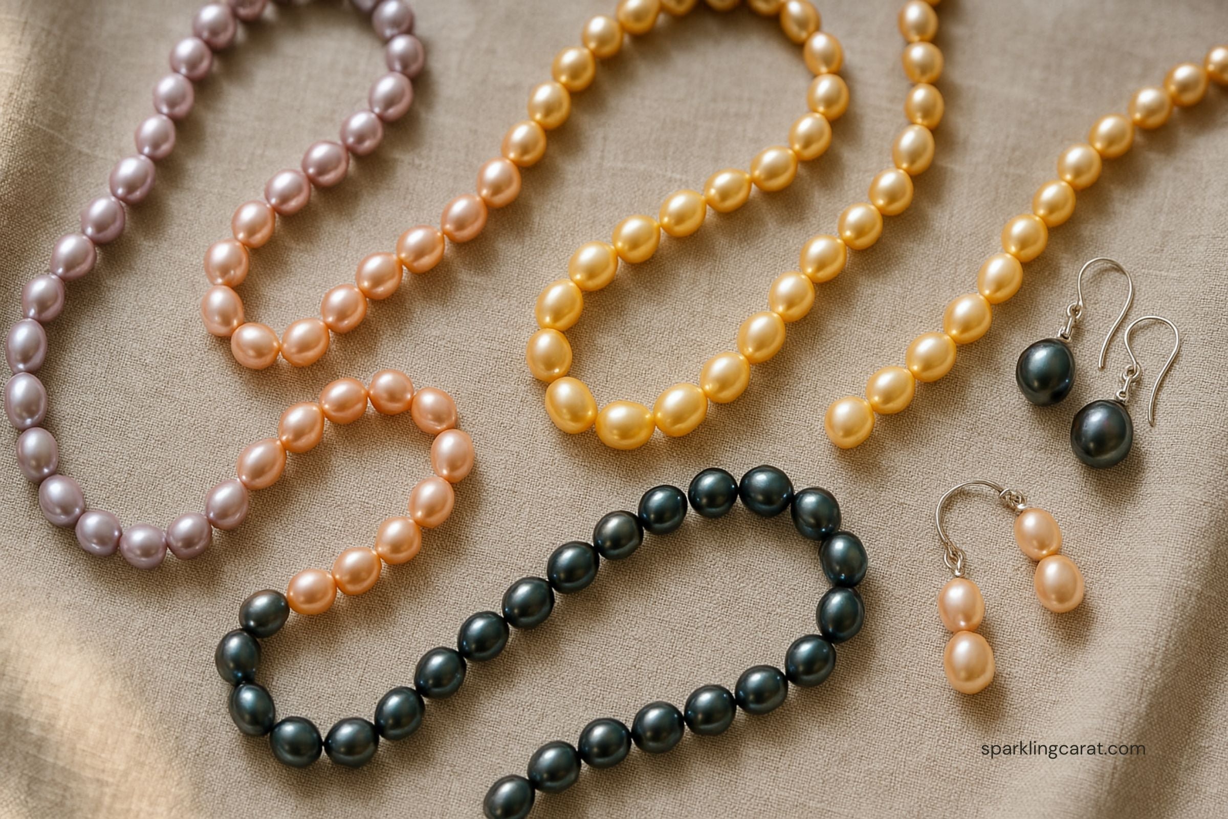 Assorted colorful pearl jewelry pieces in lavender, pink, and gold tones on a neutral fabric background.