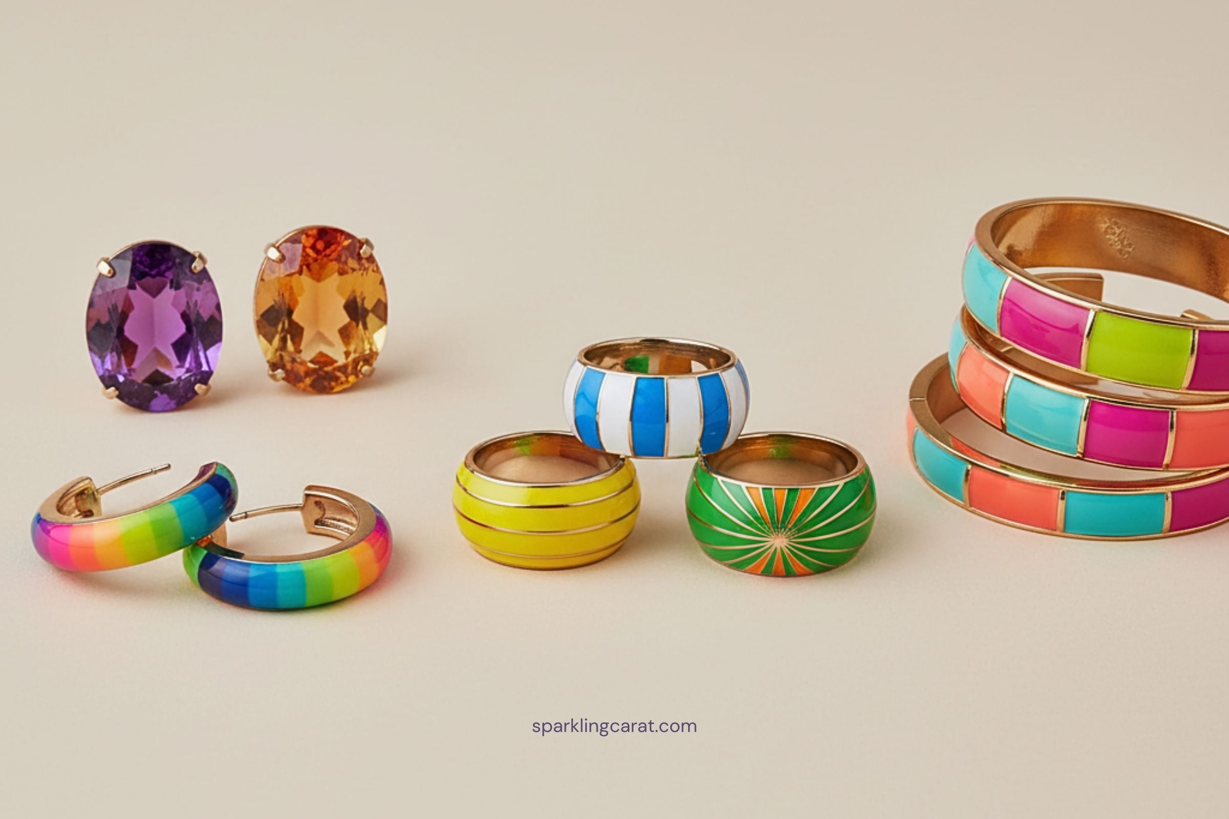 Jewelry with bold enamel inlays and bright gemstones – enamel rings and colorful gemstone earrings.