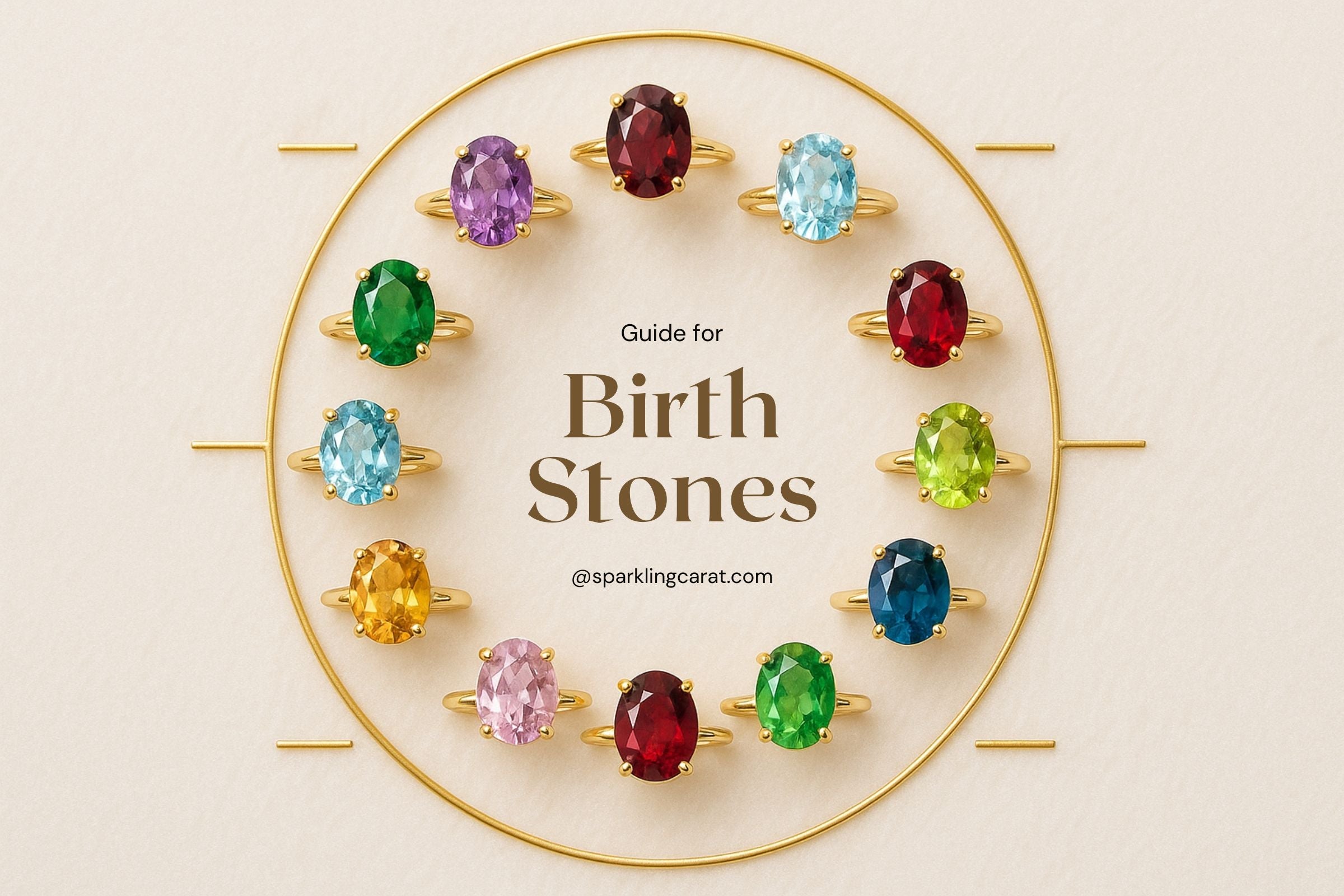 Twelve colorful gemstone rings arranged by birth month in a circle on a soft velvet surface, symbolizing birthstone jewelry.