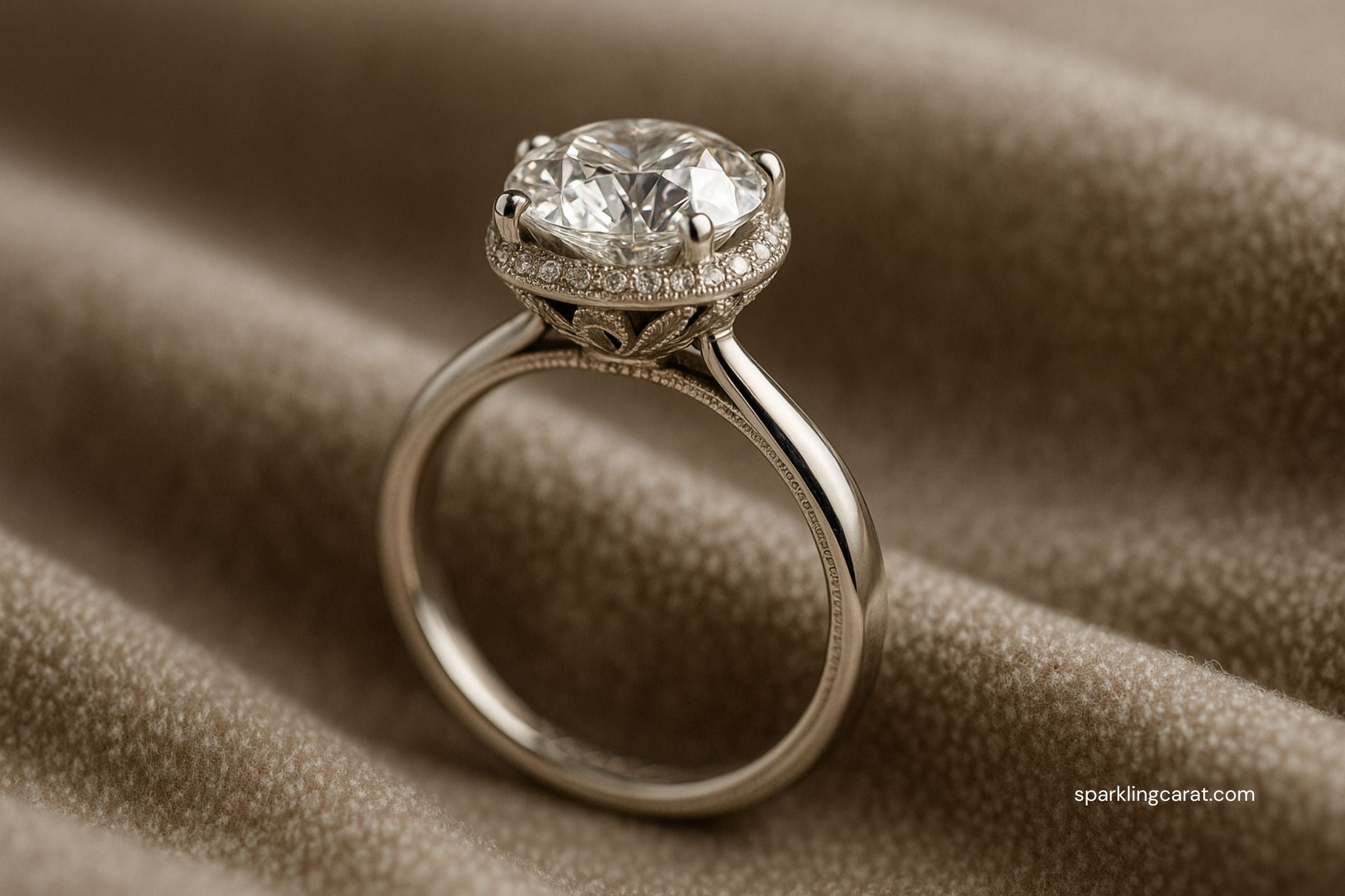 Close-up view of a diamond engagement ring tilted to reveal hidden halo and engraved gallery details.