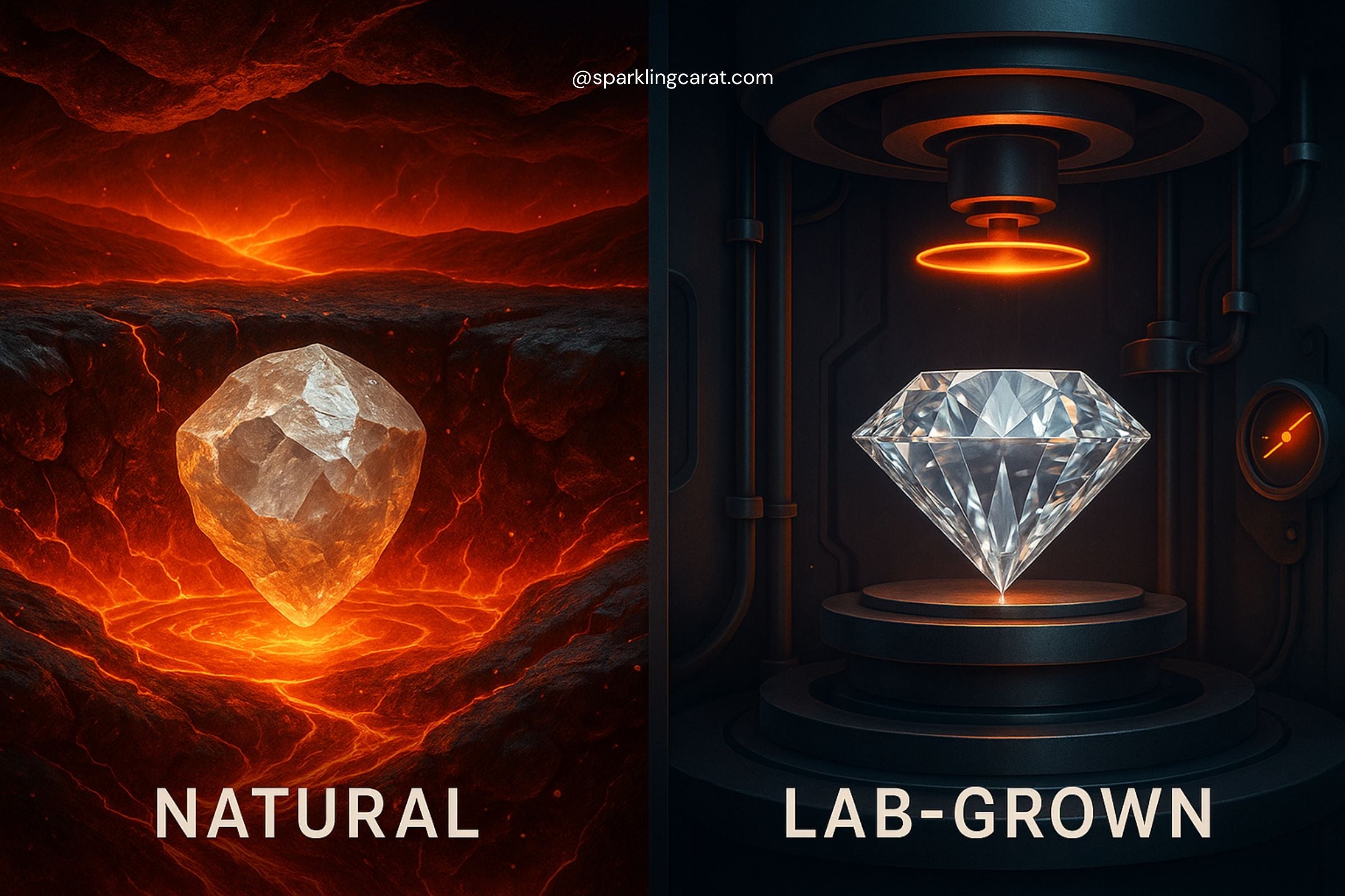 Illustration showing natural diamond formation deep within Earth and lab-grown diamond creation in a controlled lab environment.