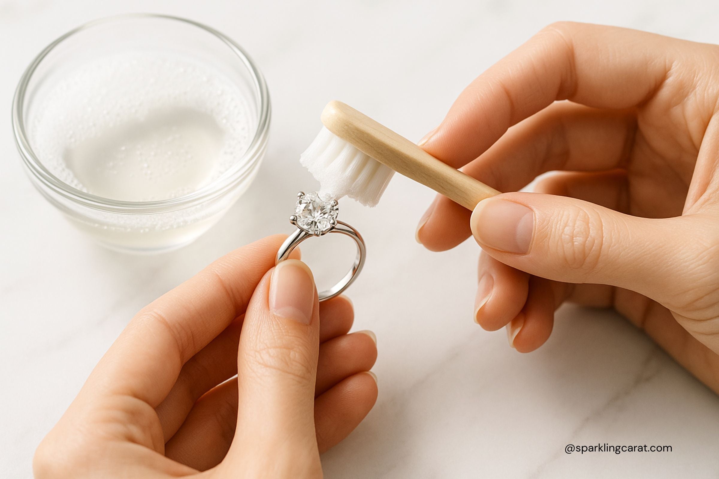 Close-up of hands cleaning a diamond ring with a soft brush and warm soapy water, representing safe diamond jewelry cleaning by Sparkling Carat.