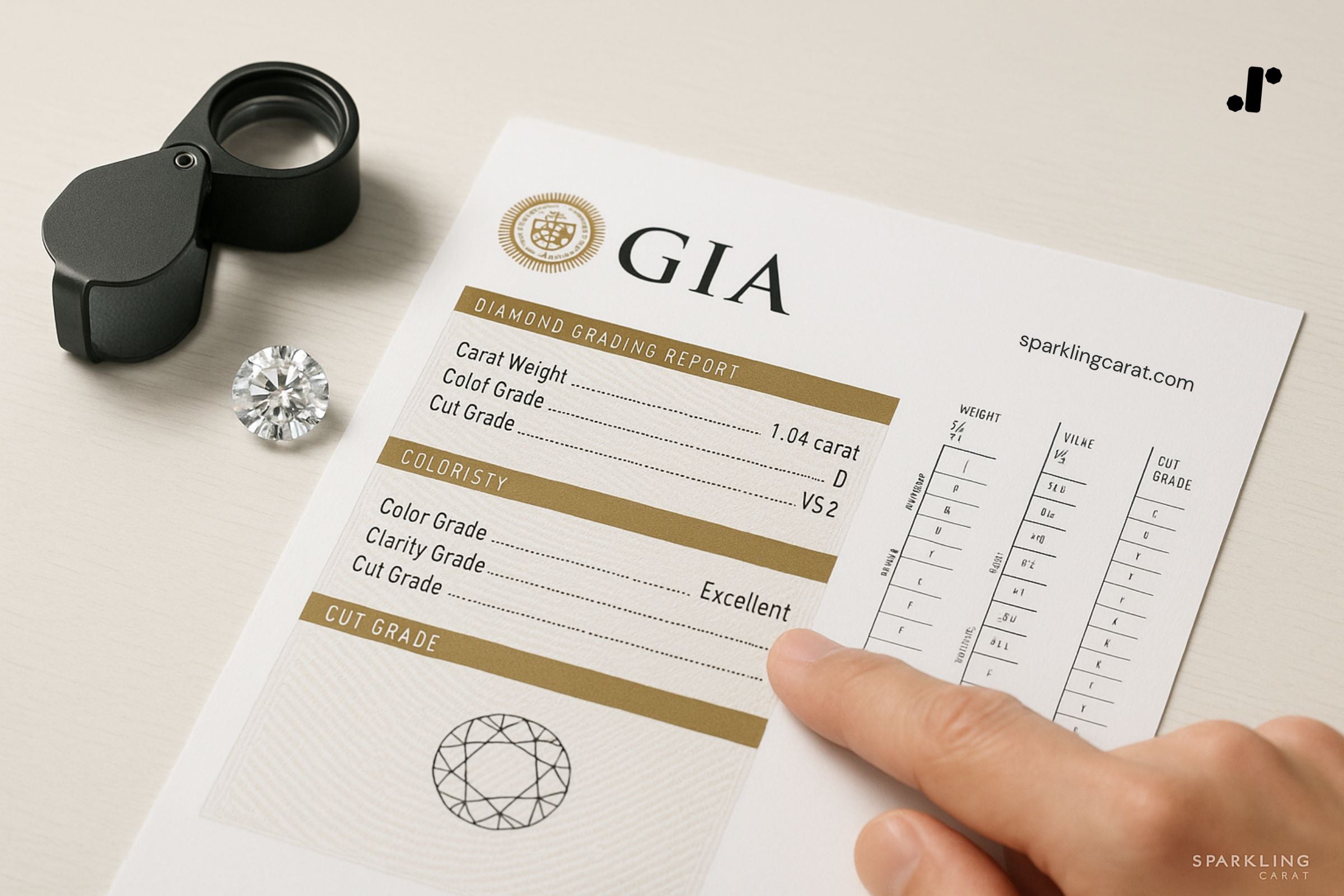A person reading a diamond certificate with a magnifying glass beside a loose diamond and a Sparkling Carat folder.