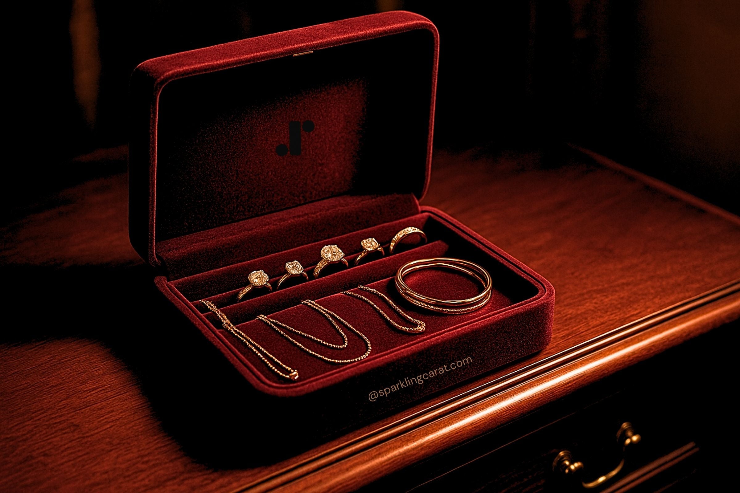 A velvet-lined jewelry box with diamond rings and gold necklaces neatly arranged, illustrating safe and elegant home storage.