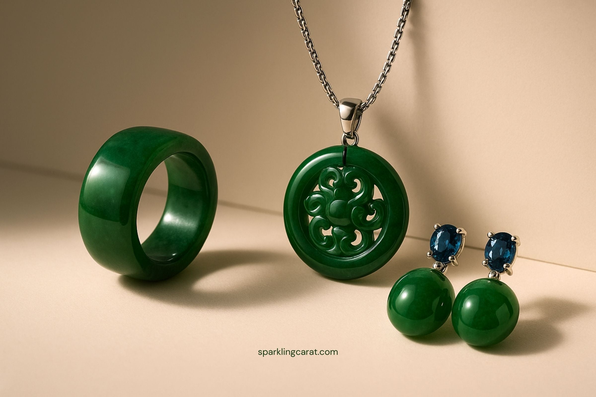 Carved jade pendant styled on a modern paper-clip chain.