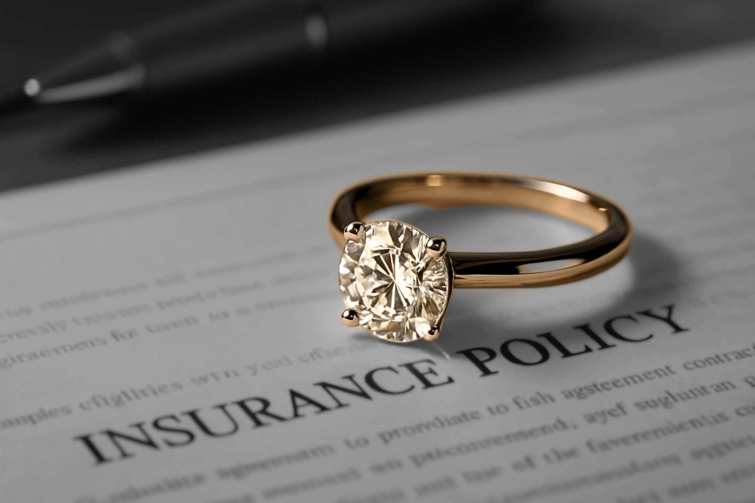 A diamond ring placed on top of an insurance policy document, representing the concept of jewellery insurance.