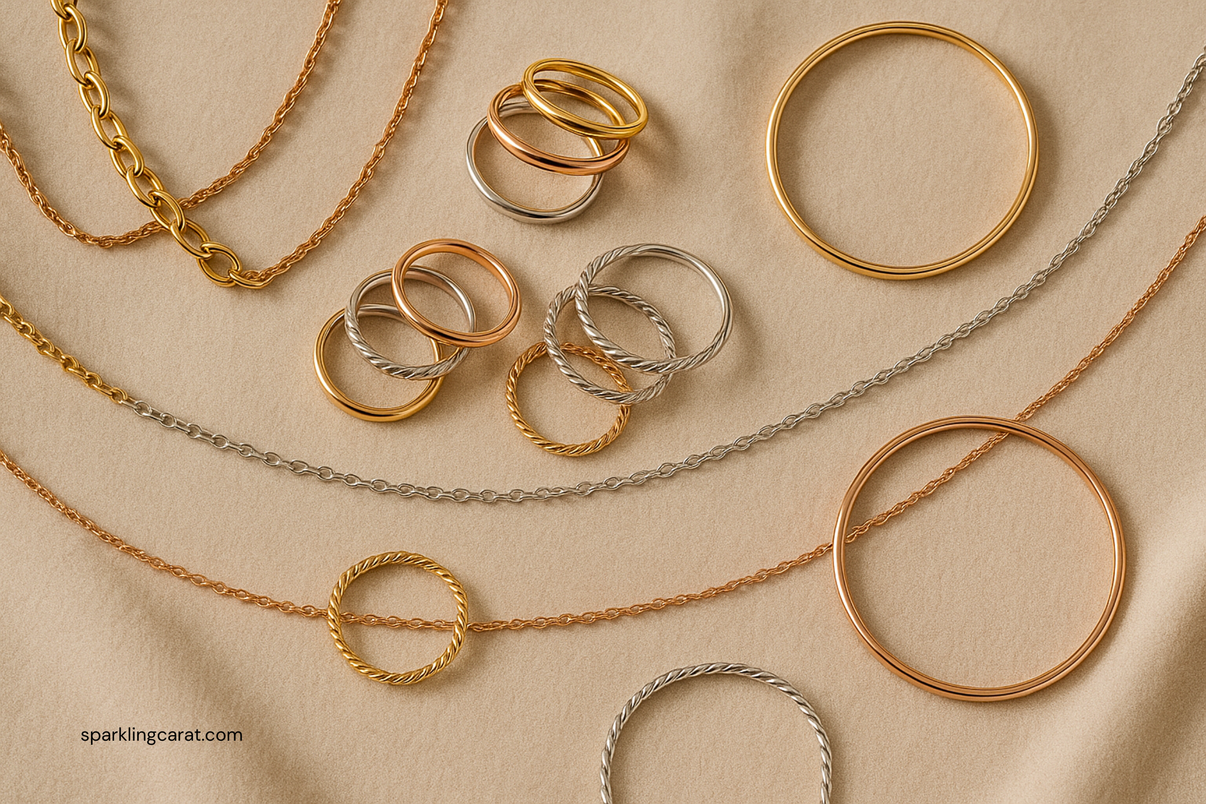 Flat-lay image showing layered necklaces, stacked rings, and bracelets in mixed metals on a beige background.