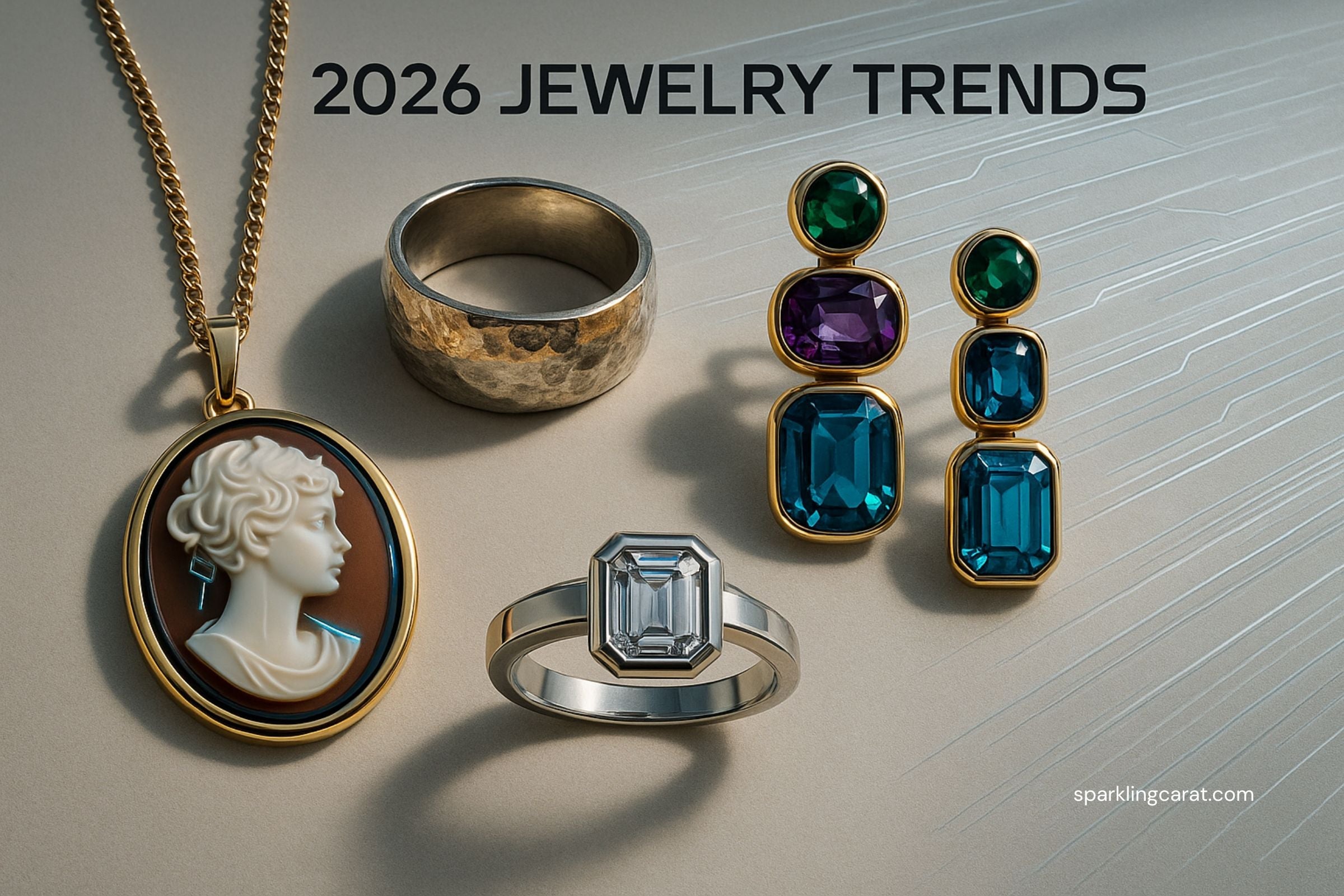 Jewelry forecast 2026: cameo pendant, textured mixed-metal ring, colorful gemstone earrings, reimagined heirloom piece on neutral surface.