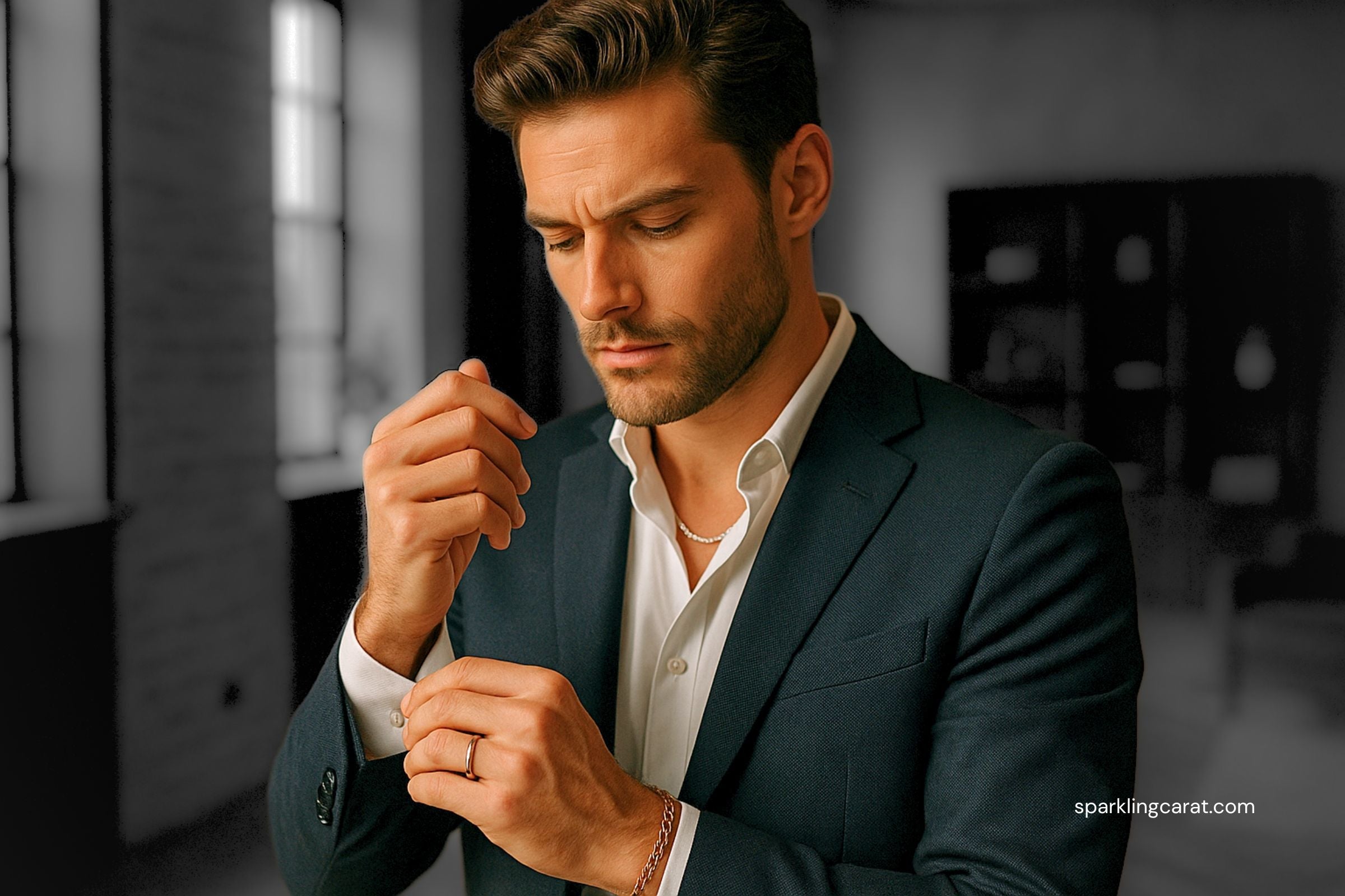 A fashionable man wearing elegant minimalist jewelry – a silver ring, chain necklace, and bracelet – styled with a modern suit.
