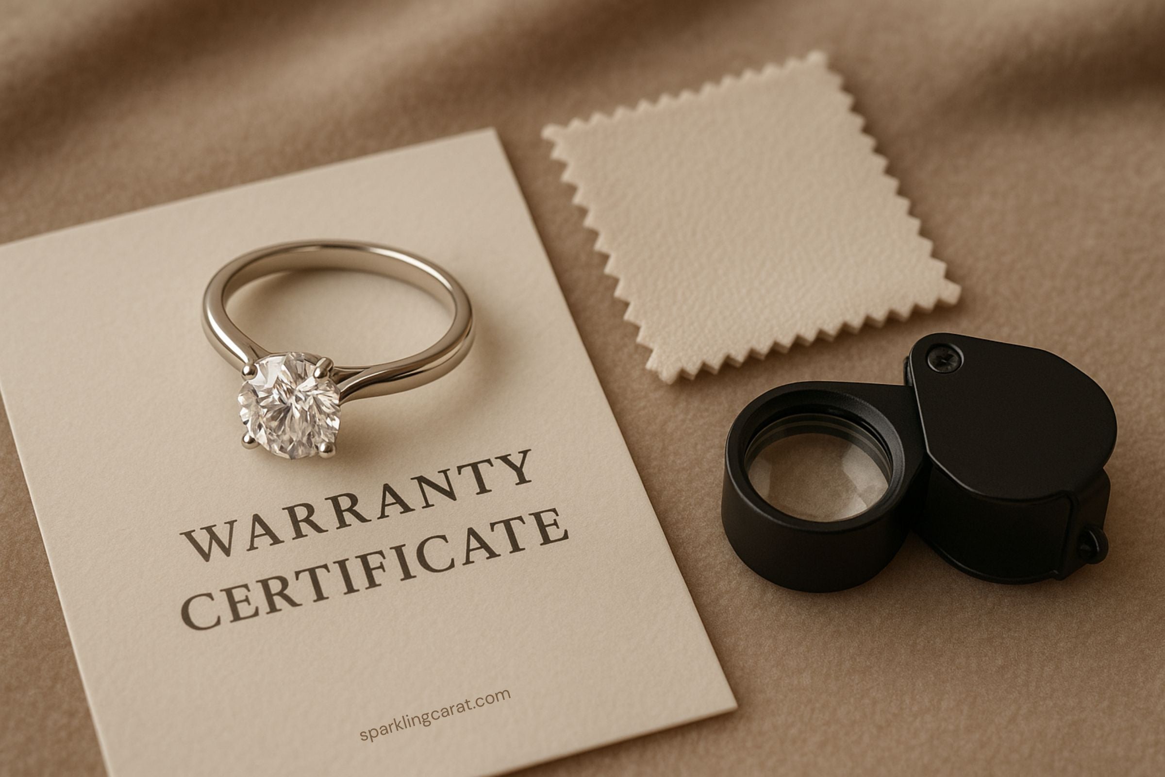 A diamond engagement ring with a warranty card, cleaning tools, and loupe on a velvet backdrop.