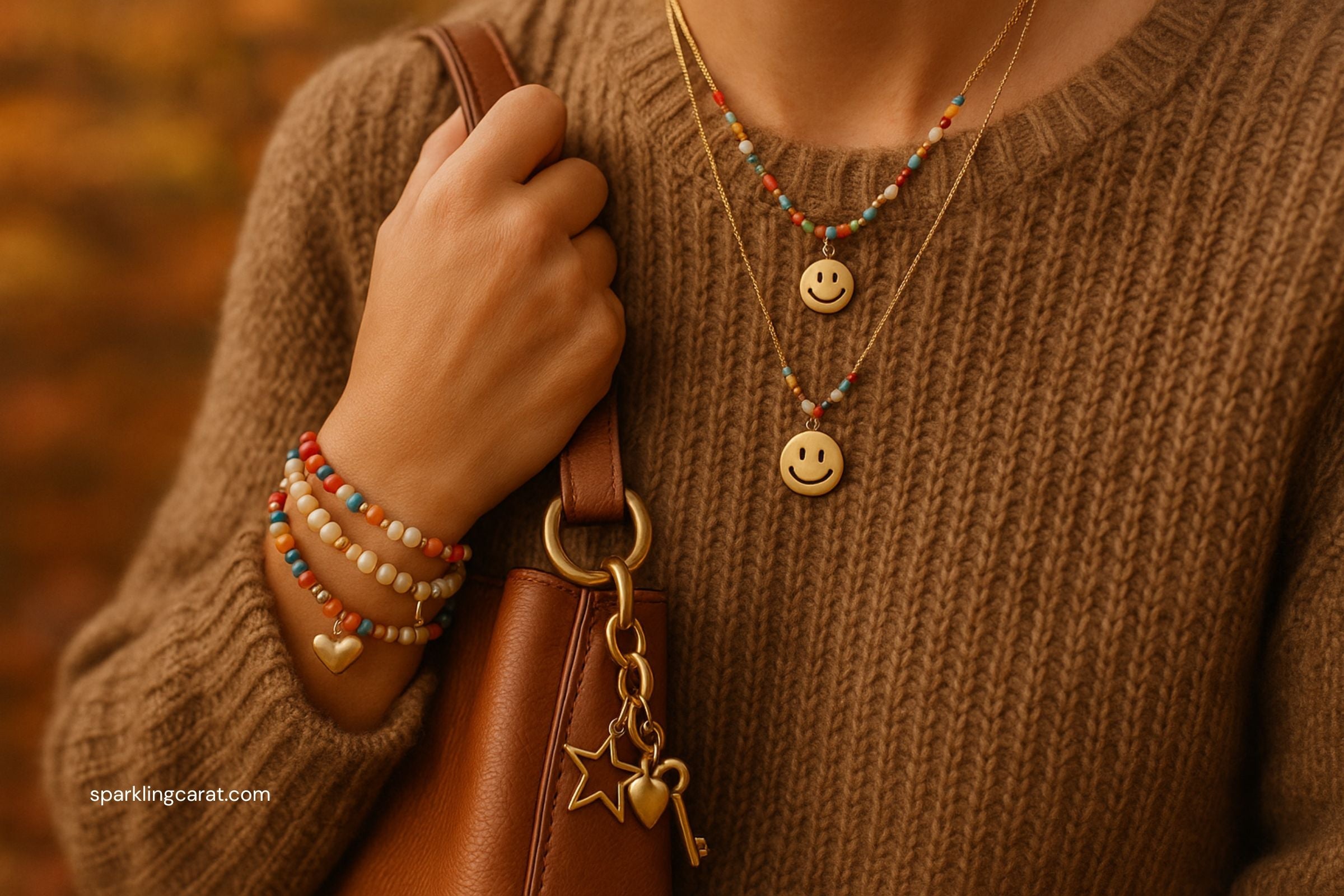 Layered charm necklaces and bead bracelets with heart, star, and smiley charms worn in autumn styling.