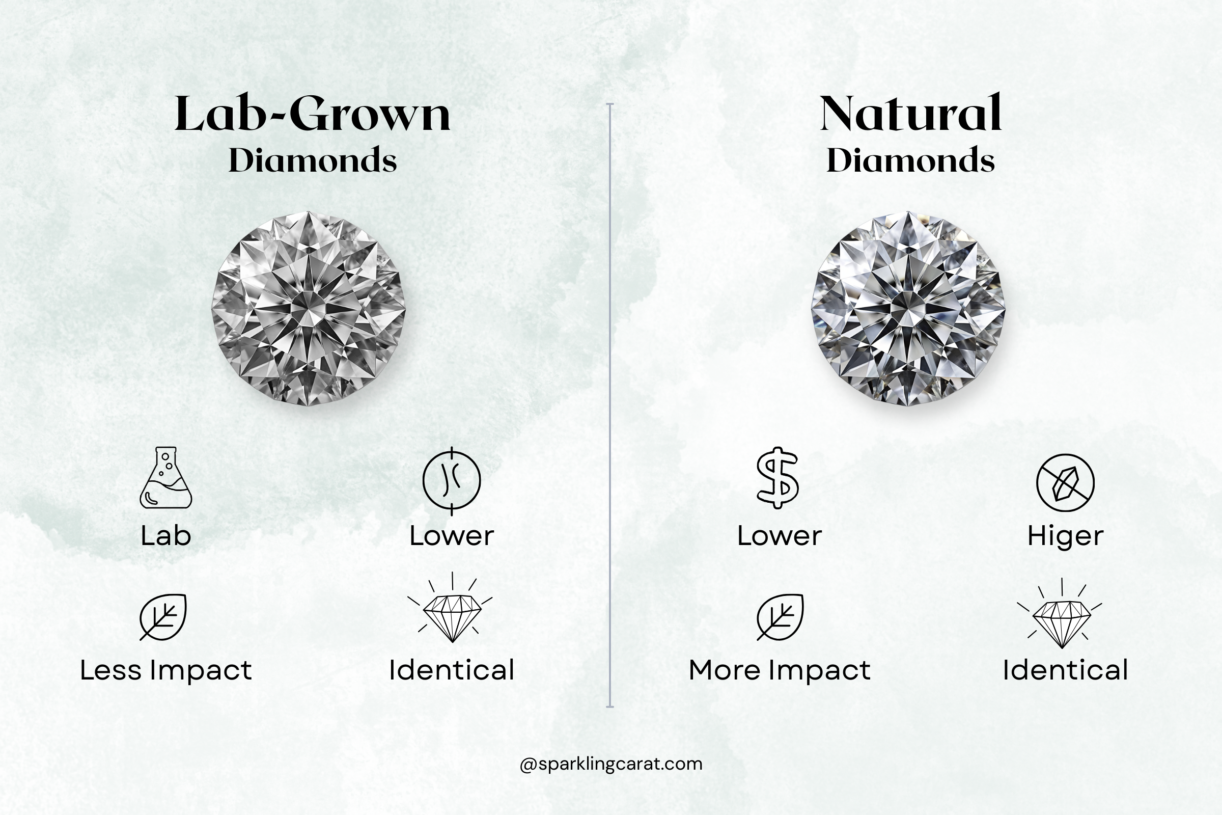 Comparison graphic showing a lab-grown diamond and a natural diamond with labels highlighting differences in origin, cost, and eco-impact. Sparkling Carat branding visible.