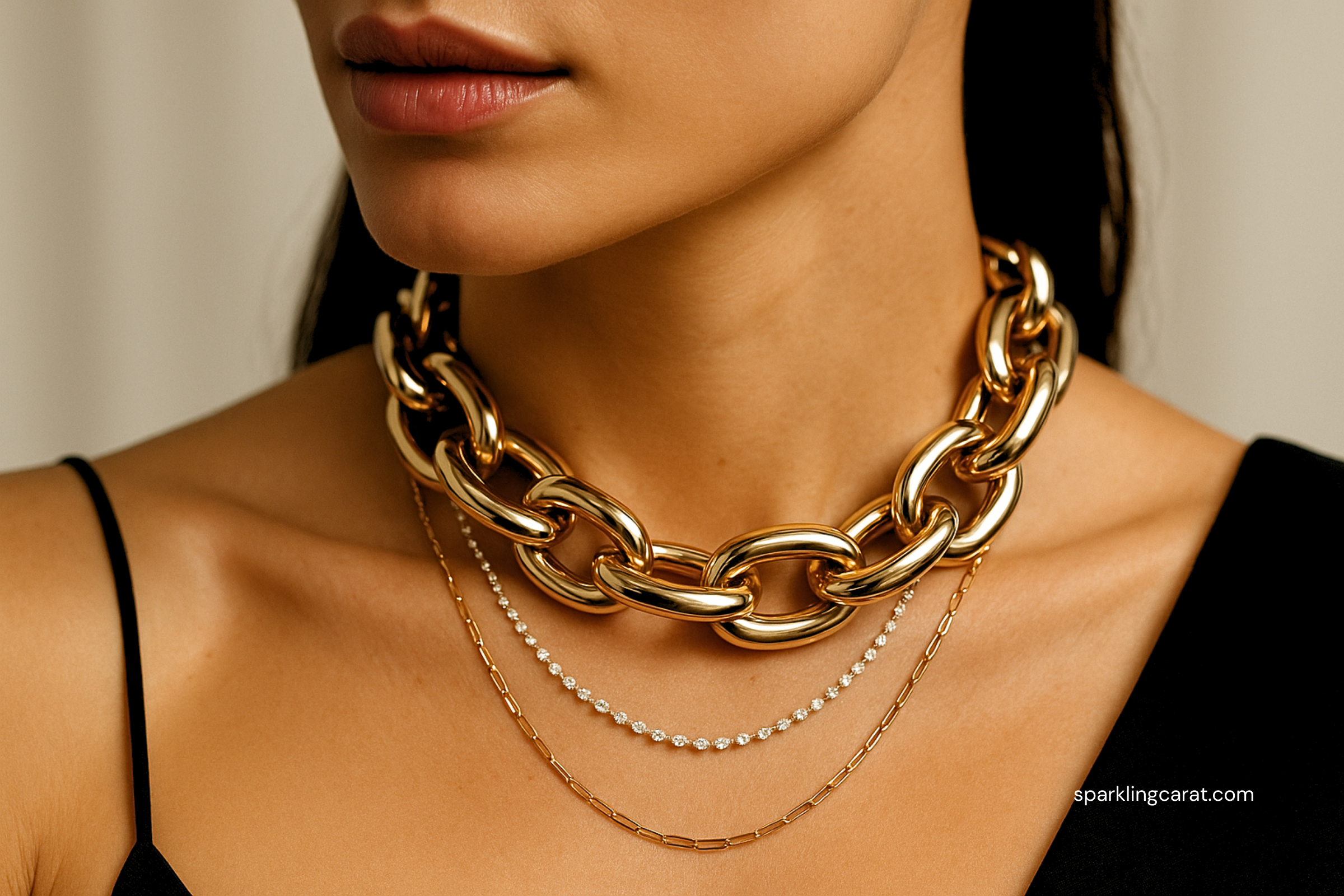 Layered necklaces with paper-clip, diamond station, and anchor chain.