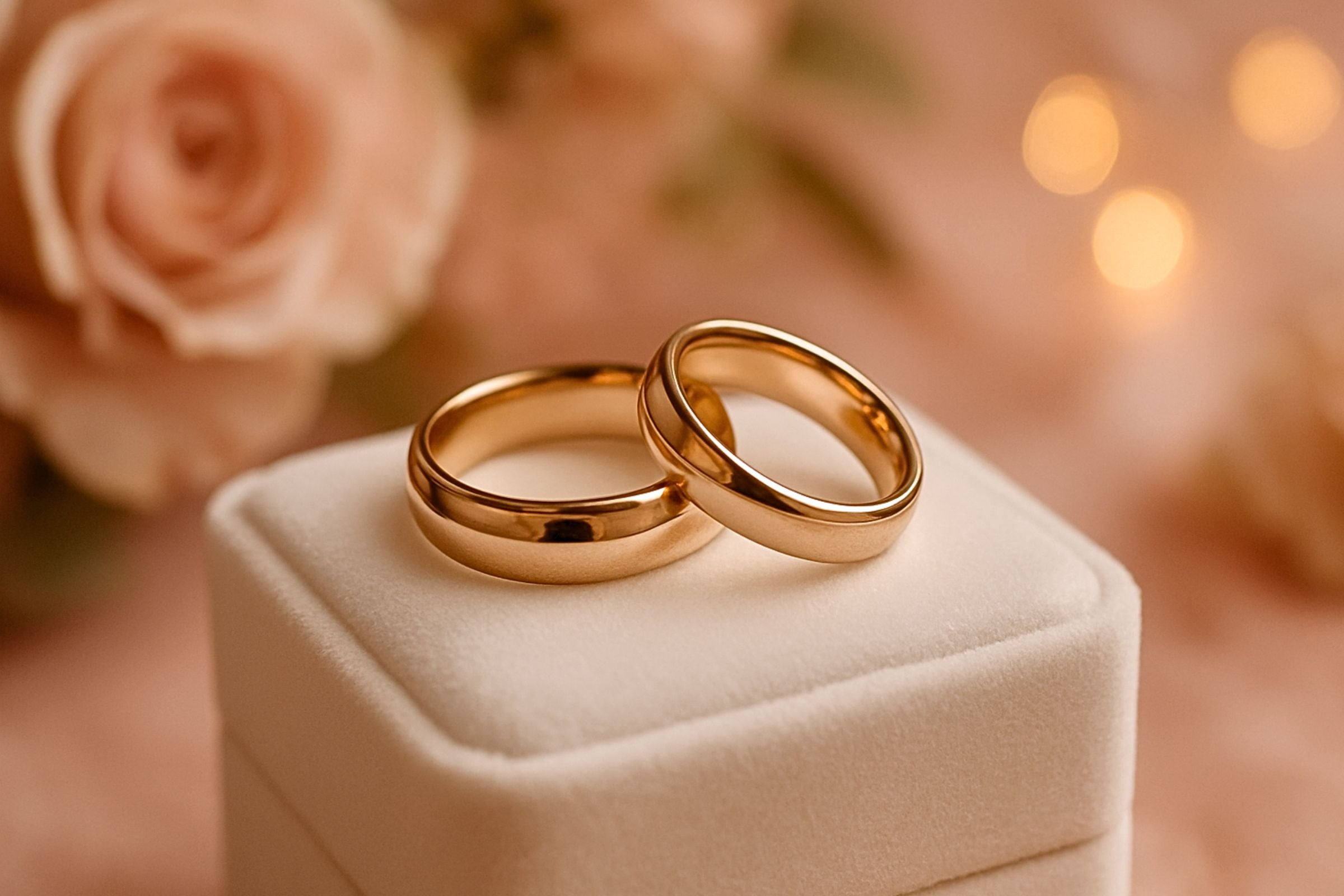 Matching wedding bands on a velvet ring box, symbolizing unity and everlasting love from Sparkling Carat.