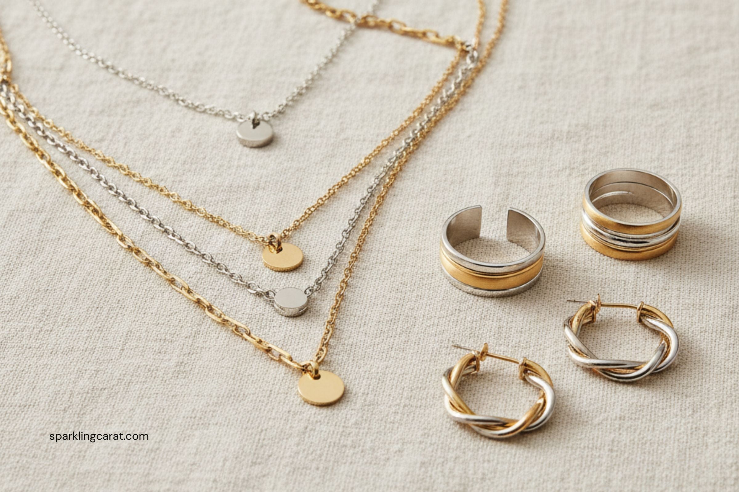 Layered jewelry pieces mixing gold and silver: necklaces, rings, hoops – mixed metal styling.