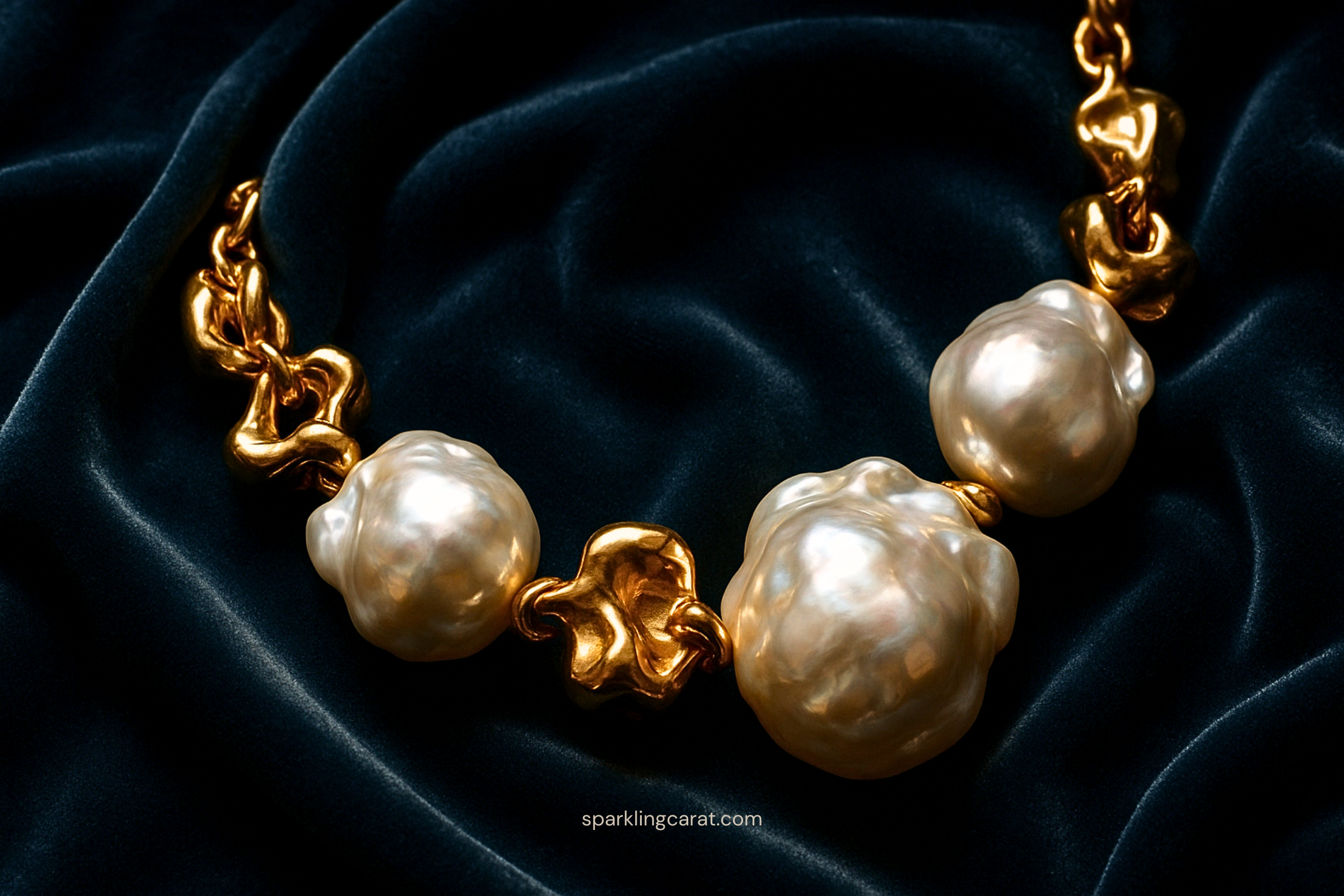 Oversized Baroque pearl necklace with chunky gold accents, 2025 jewelry trend.