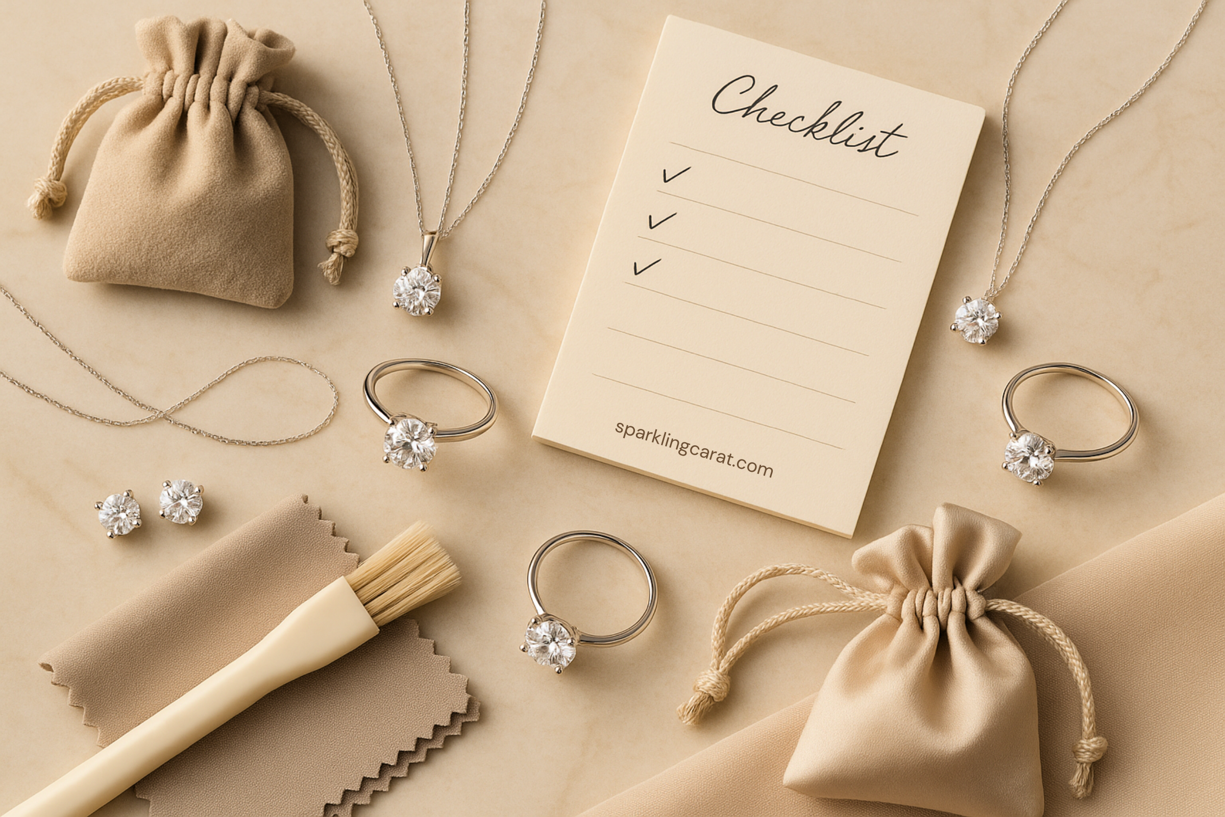 A flat-lay image of luxury jewellery beside a printed monthly checklist, cleaning cloth, and storage boxes—depicting care and maintenance essentials.