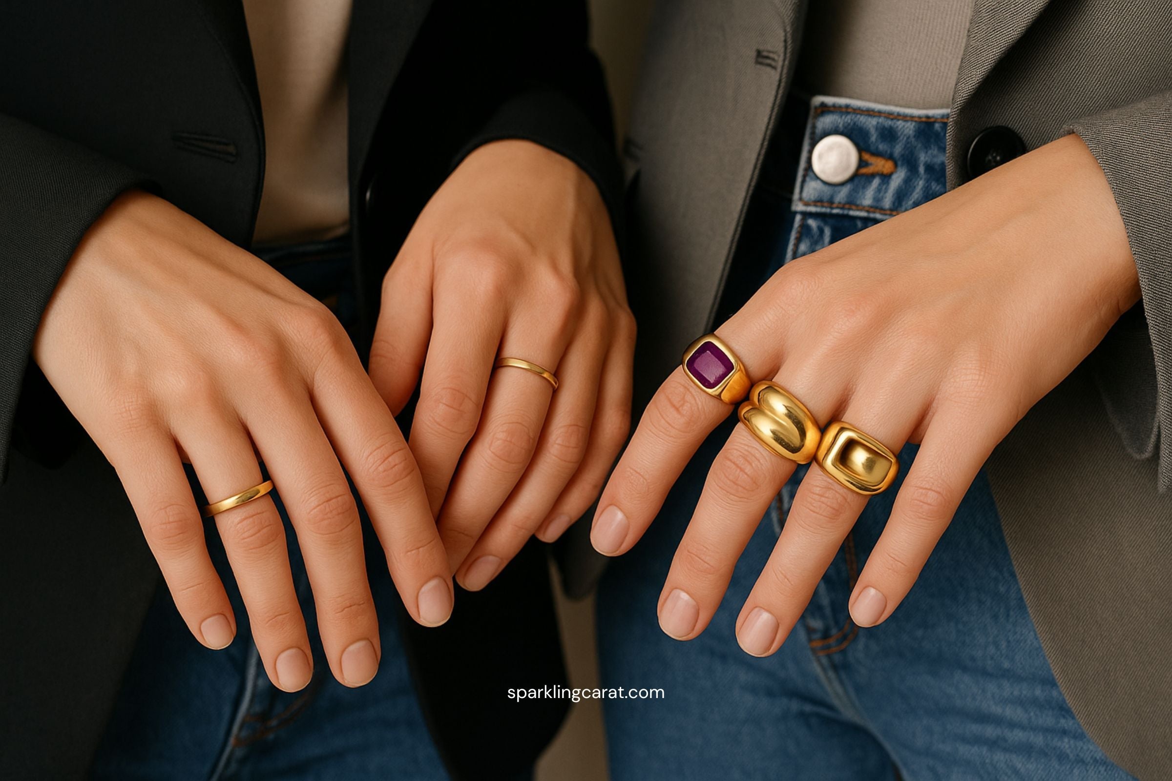 Modern pinky rings on little fingers: minimalist gold, gemstone, and statement styles paired with denim and blazers.