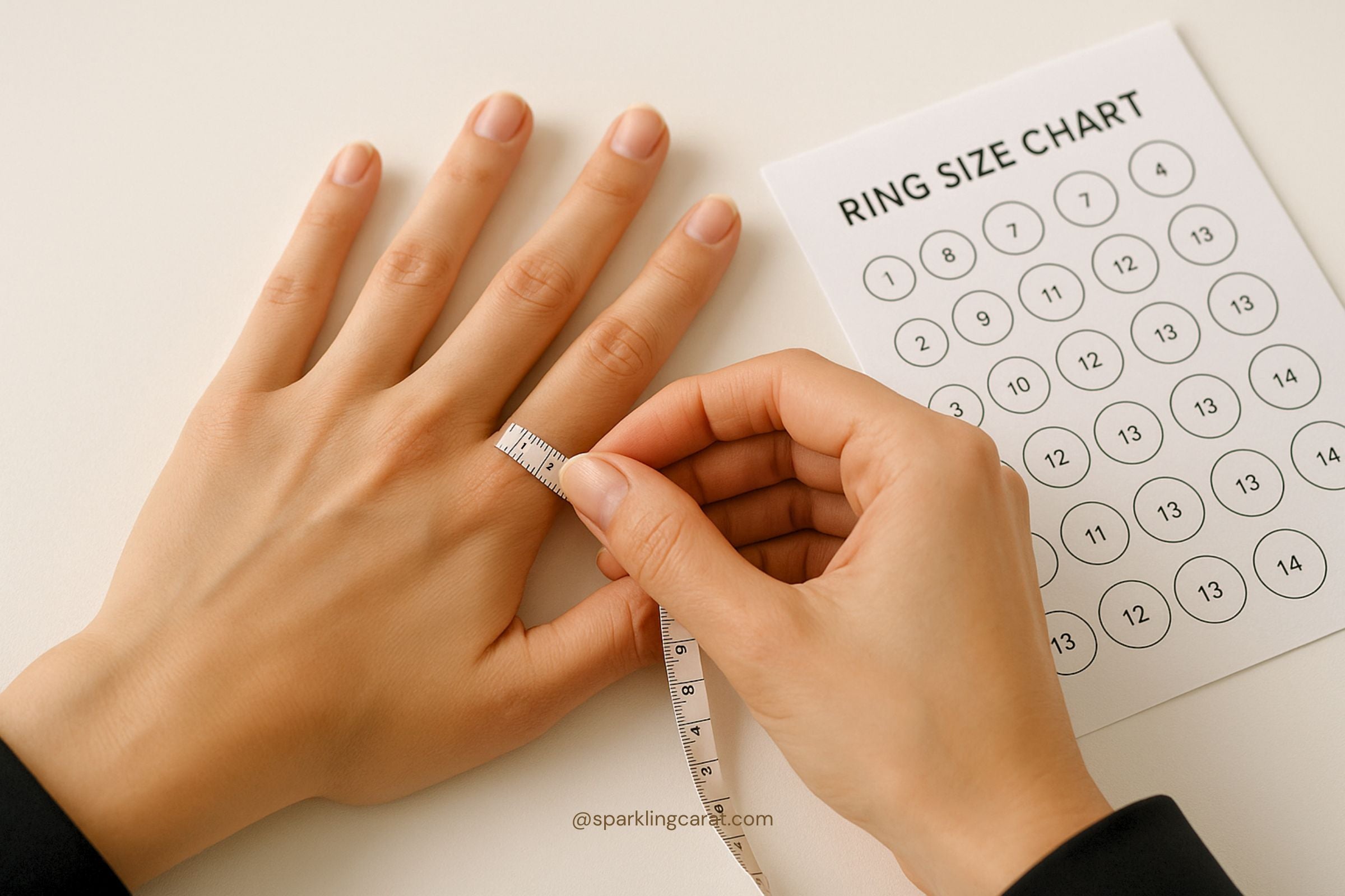 Hands measuring ring size with paper strip and printable ring sizing chart from Sparkling Carat.
