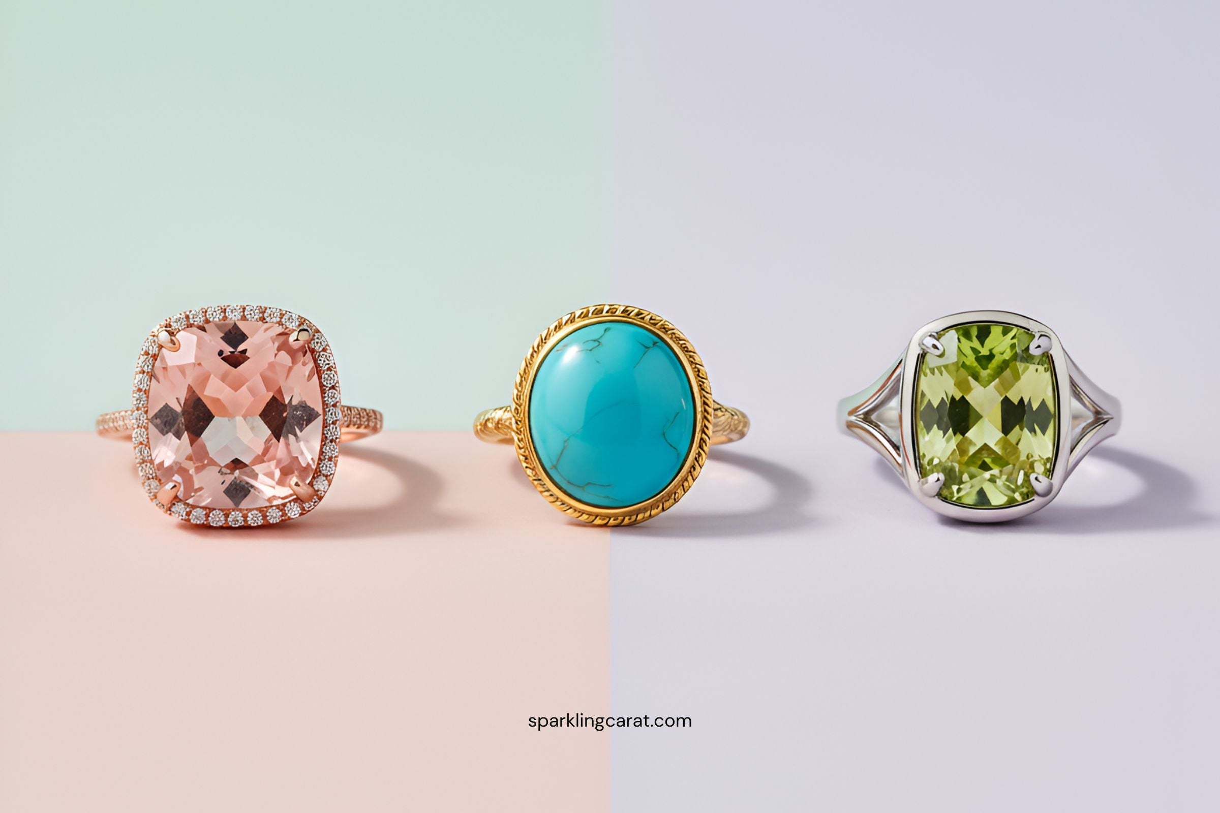 Morganite, turquoise, and spring stone rings showcasing 2025 jewelry trends.
