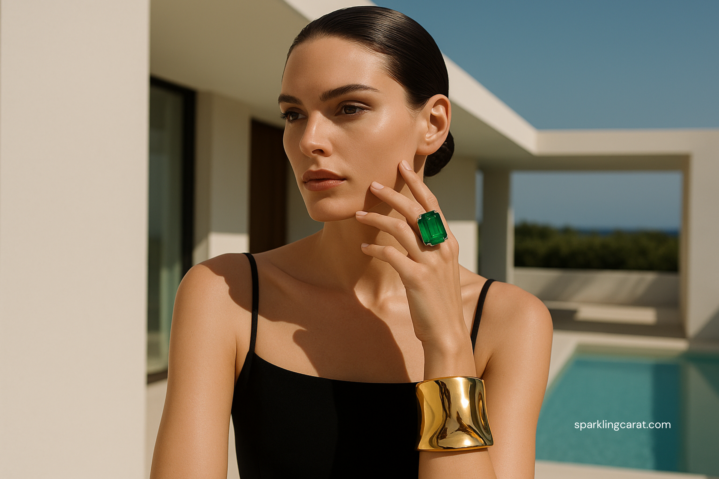 Model wearing chunky sapphire earrings and minimalist attire.