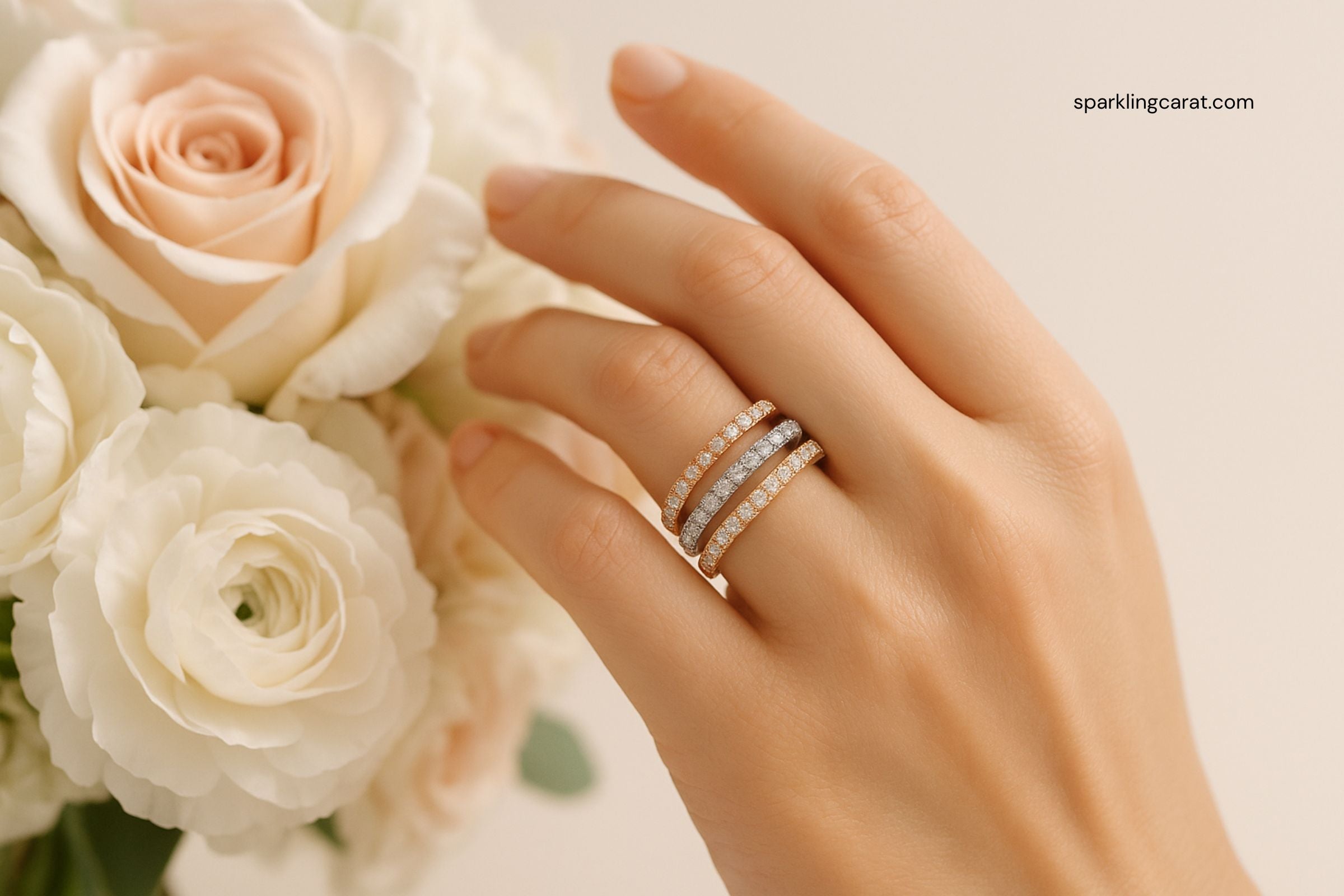 A close-up of a woman's finger wearing three stacked wedding bands in rose gold, white gold, and yellow gold with diamonds.