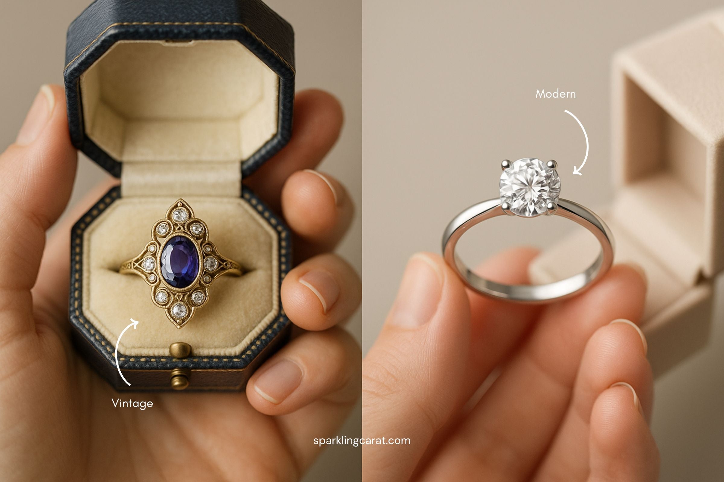 A comparison image of a vintage Victorian engagement ring and a modern solitaire ring, showing the evolution of engagement ring styles over time.