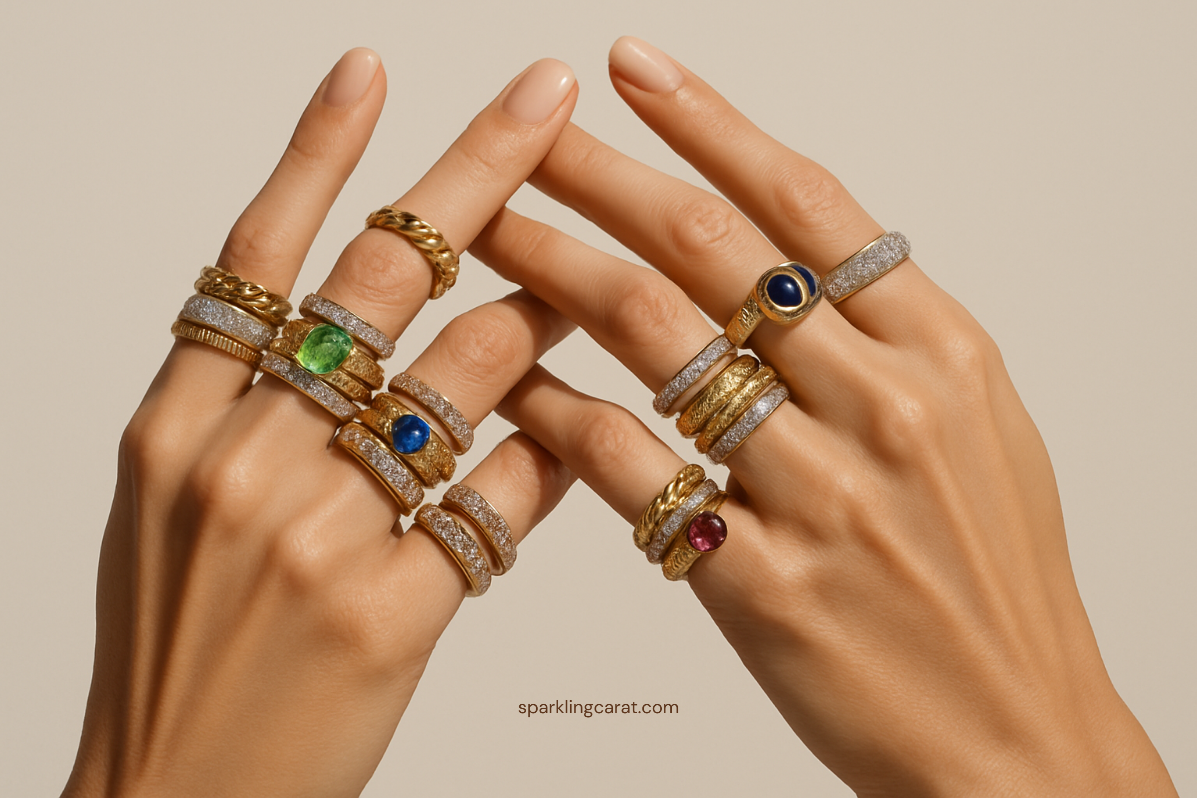 Combination of chunky gemstone rings and delicate bands styled together.