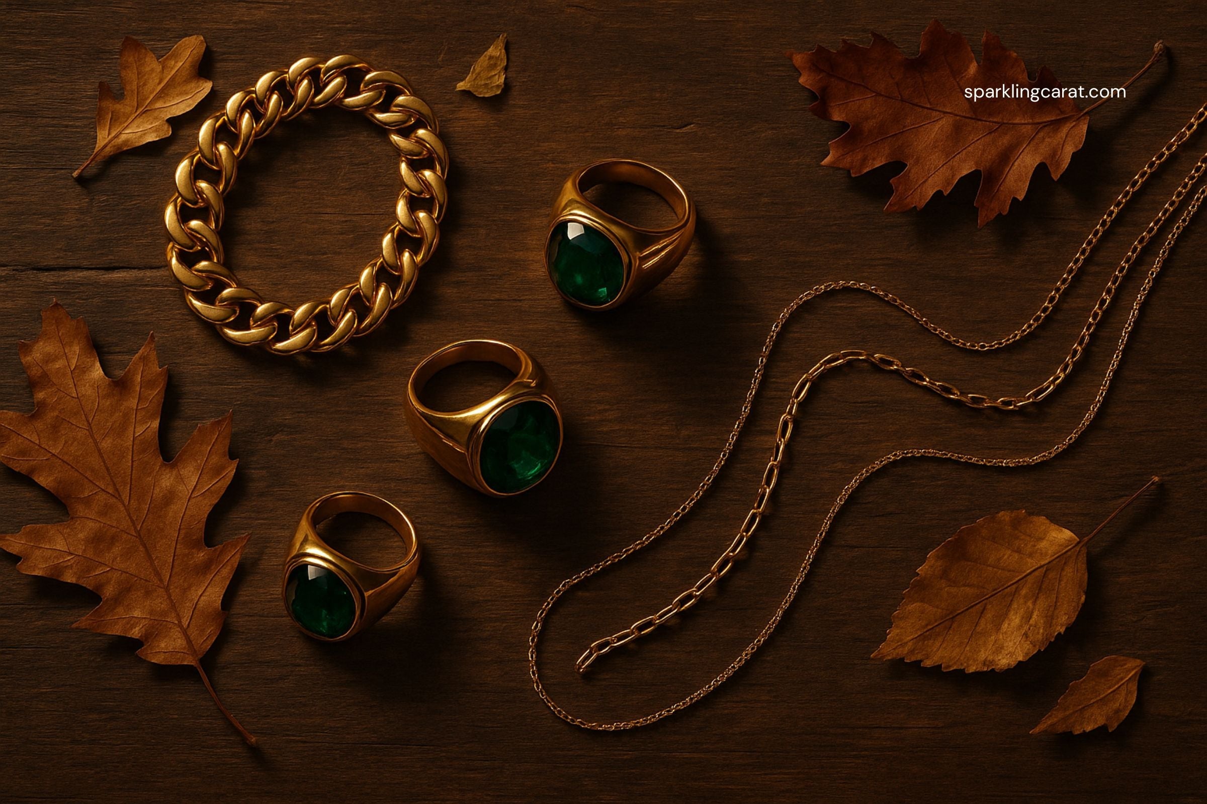 Fall 2025 jewelry flat lay with bold gold rings, gemstone necklaces, and silver bangles surrounded by autumn leaves.