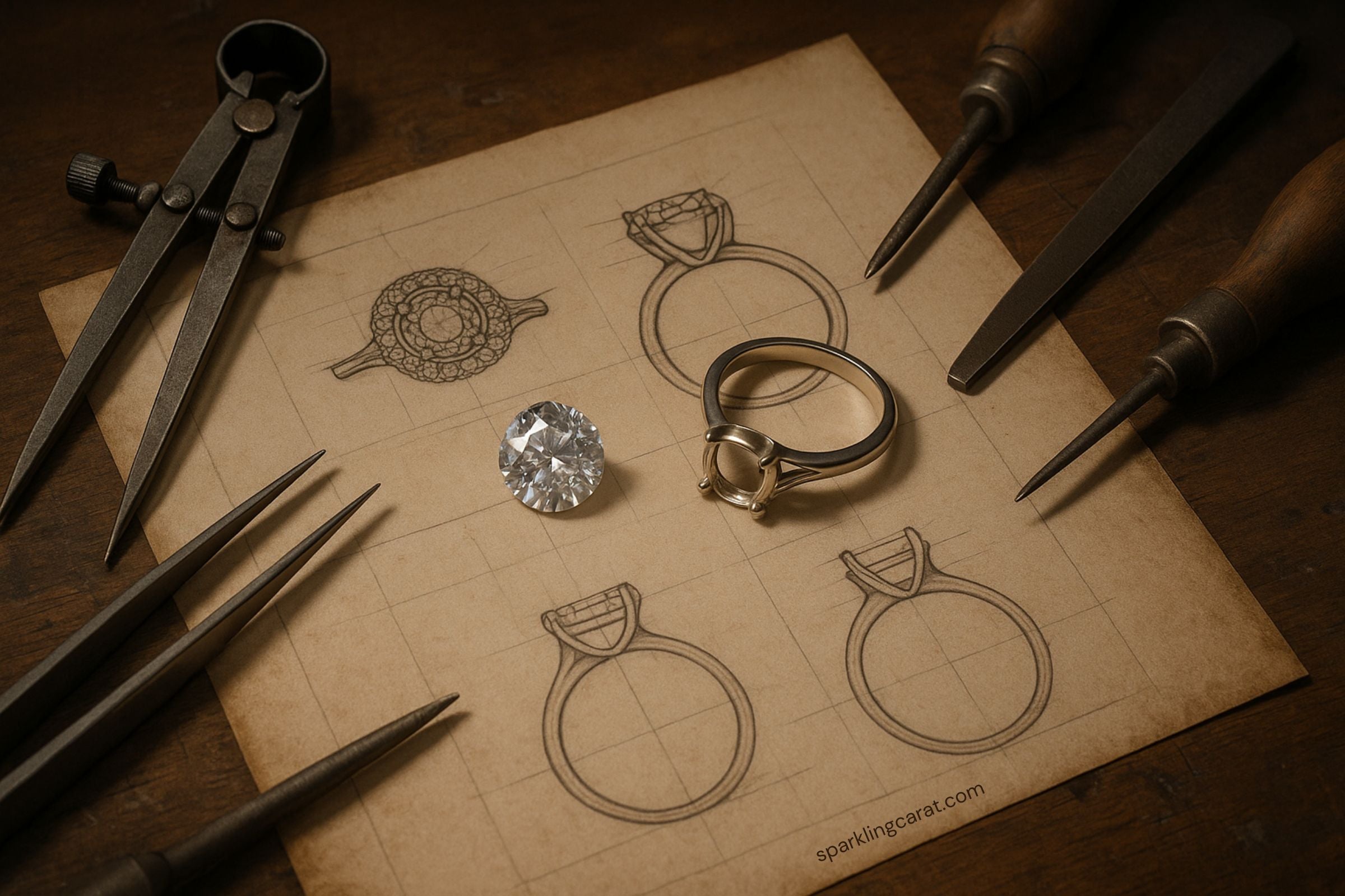 A jeweler resetting a vintage heirloom diamond into a new ring design with tools and sketches.