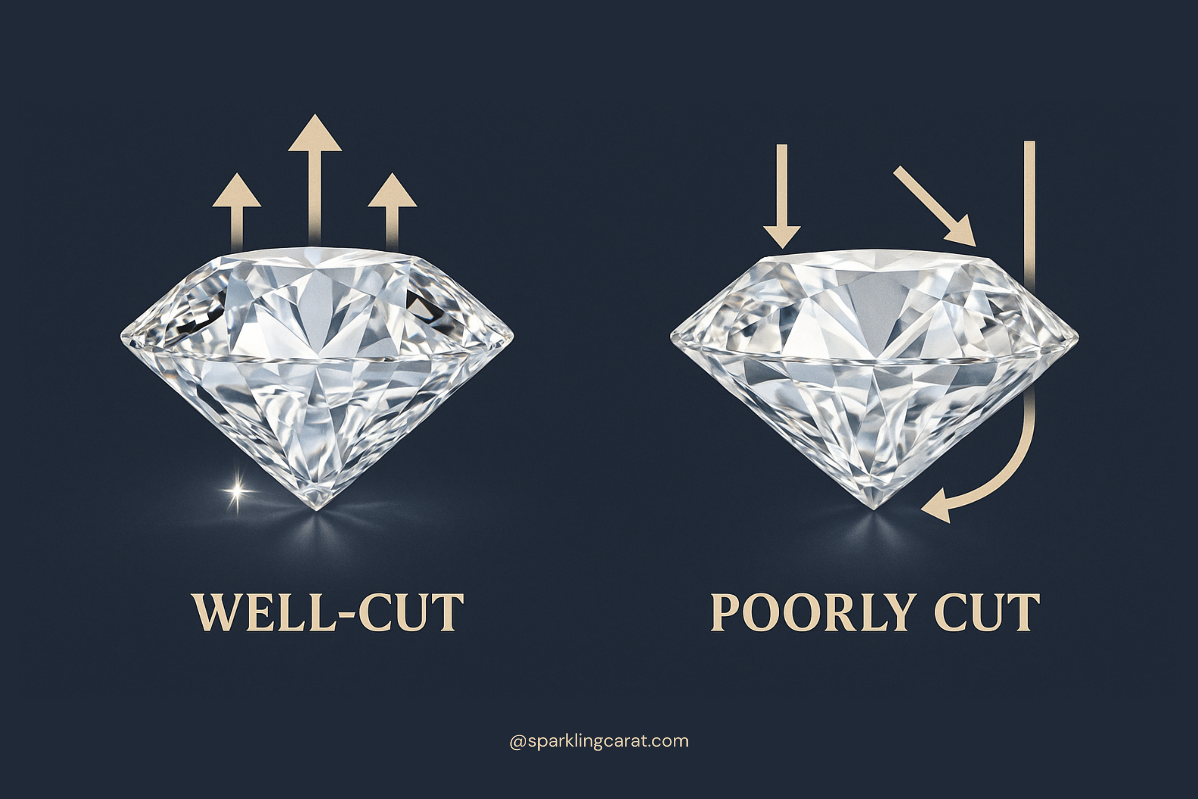 Educational infographic showing the impact of diamond cut on brilliance and sparkle, comparing excellent and poor cuts, with Sparkling Carat branding.