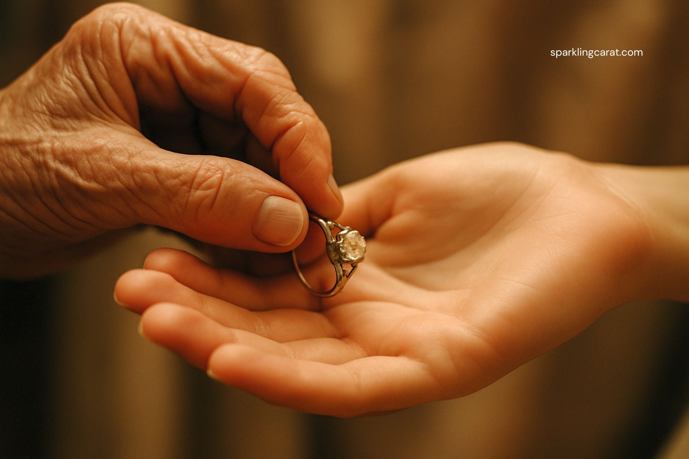 A grandmother passing a vintage diamond ring to her granddaughter as a cherished family heirloom.