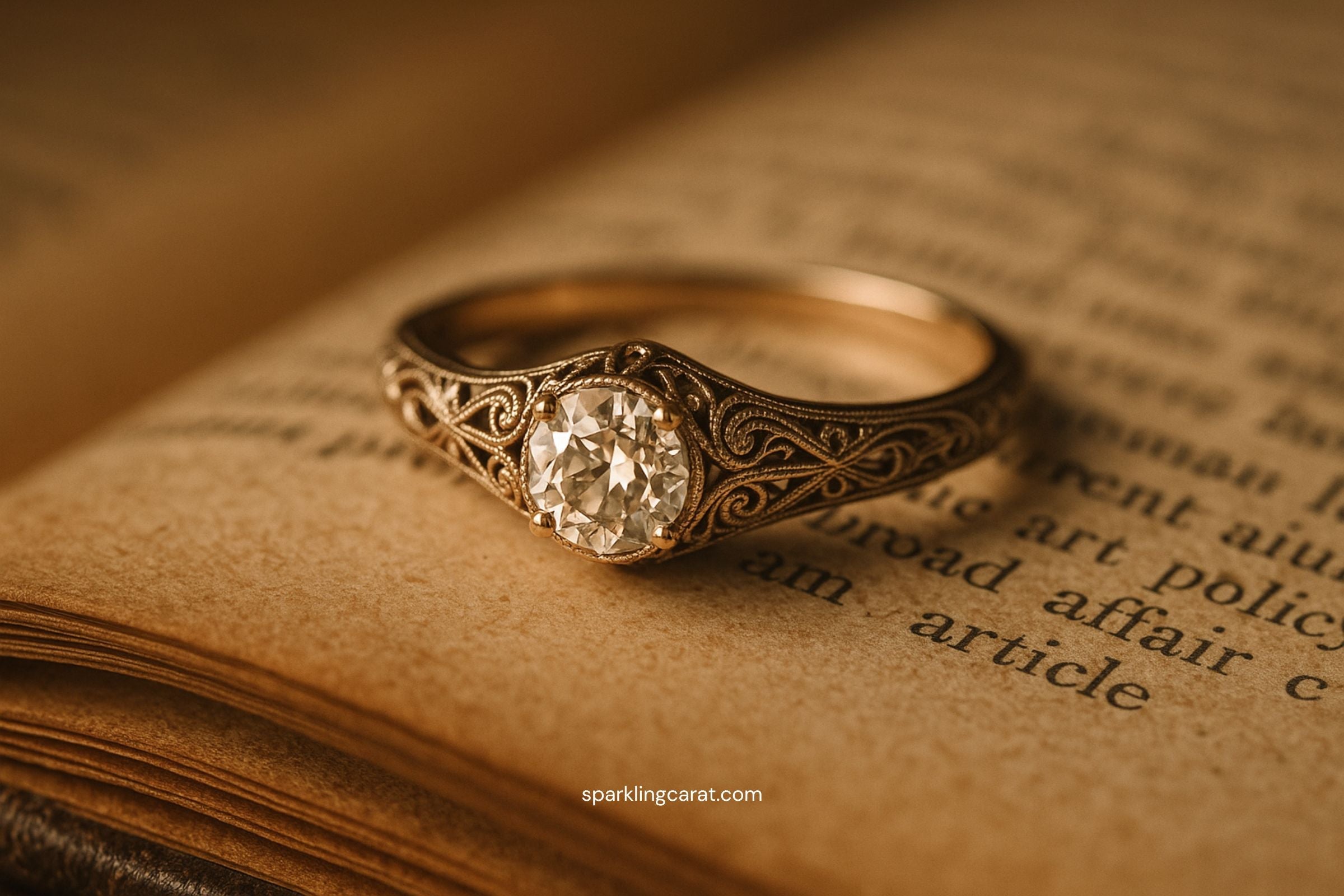 Close-up of a vintage-style diamond engagement ring with ornate filigree details on a book page.