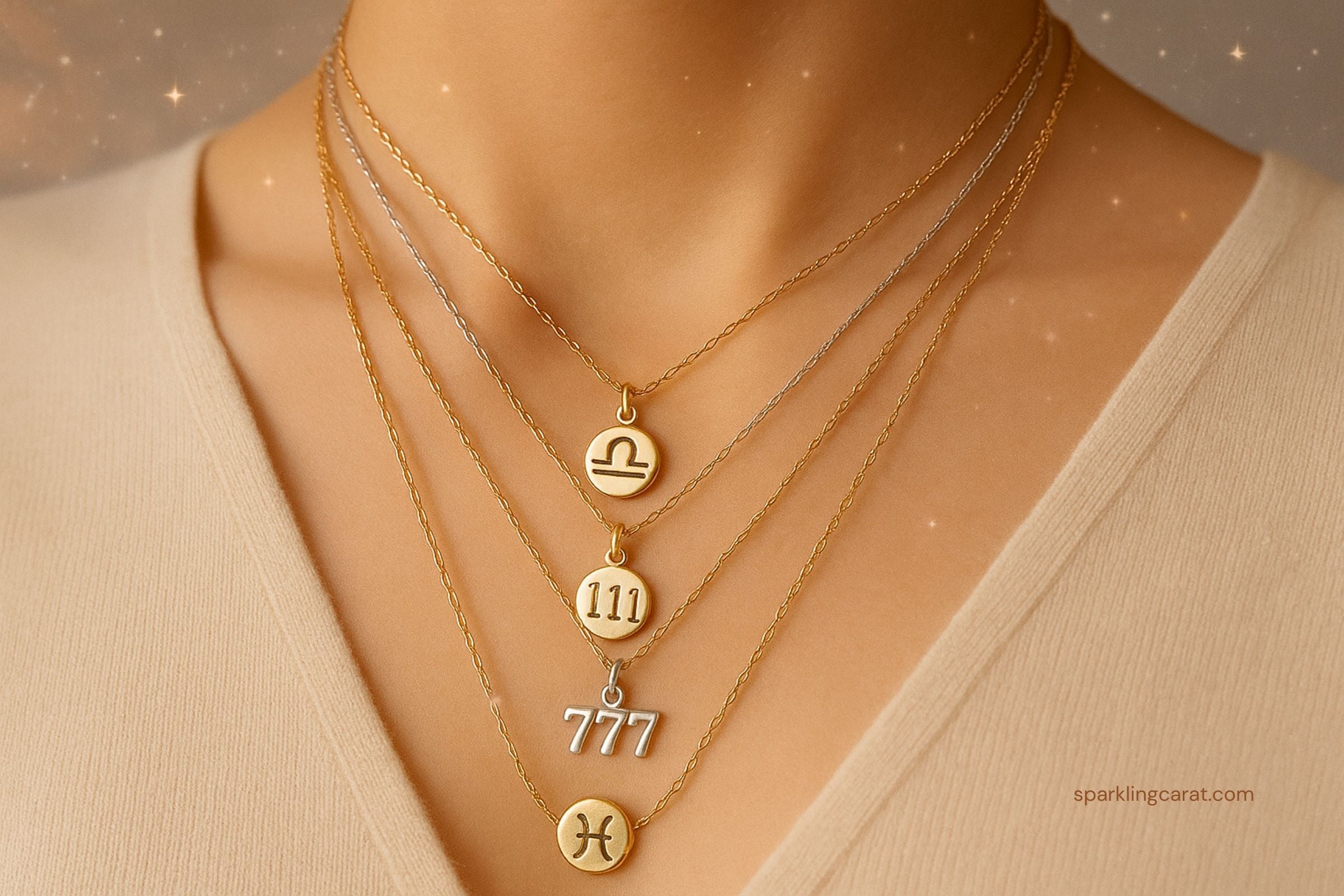 Layered necklaces featuring zodiac signs and angel numbers in gold and silver on a neutral outfit.