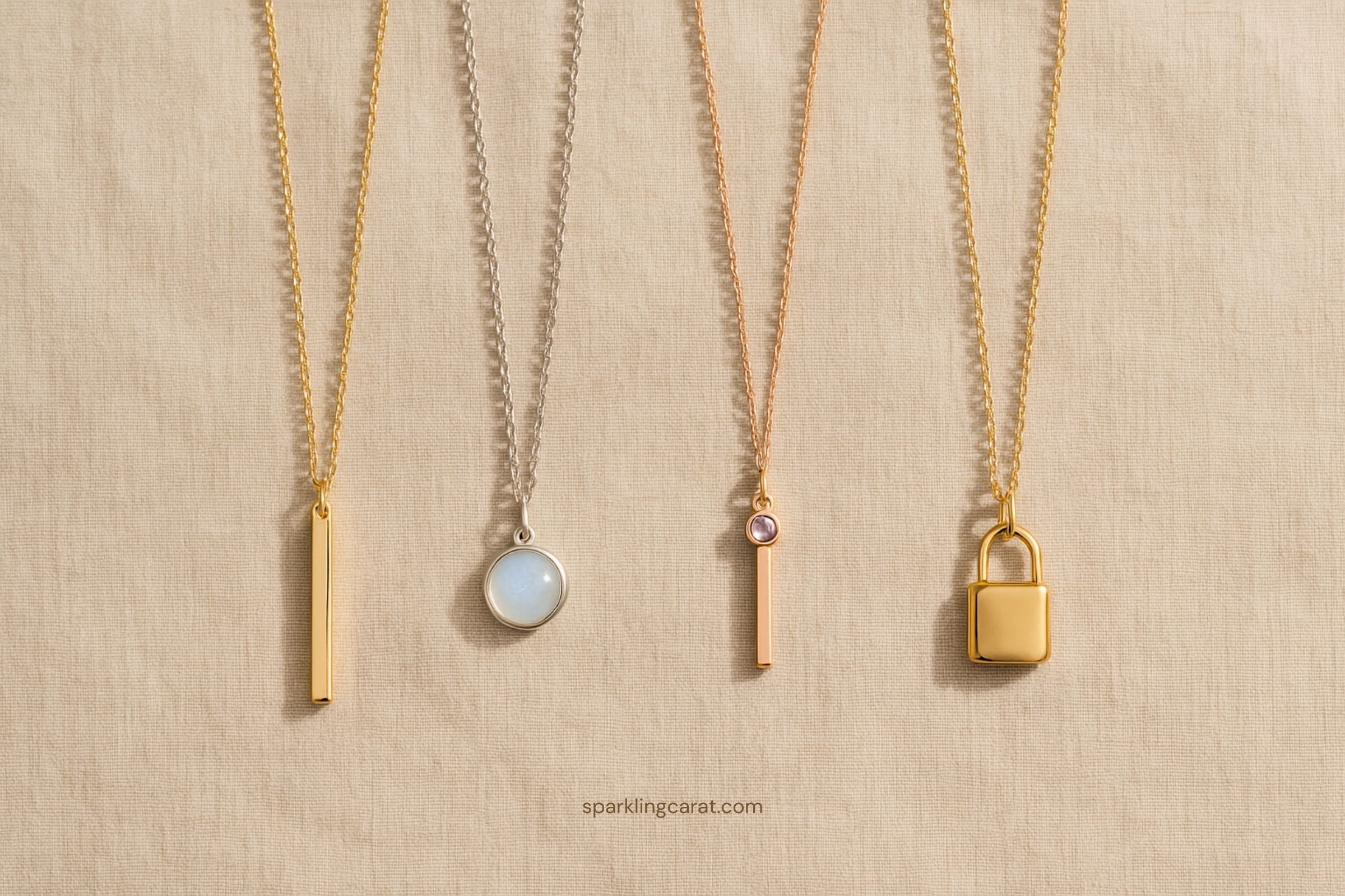 Affordable long pendant necklaces with mixed metals and minimal styling on linen background.