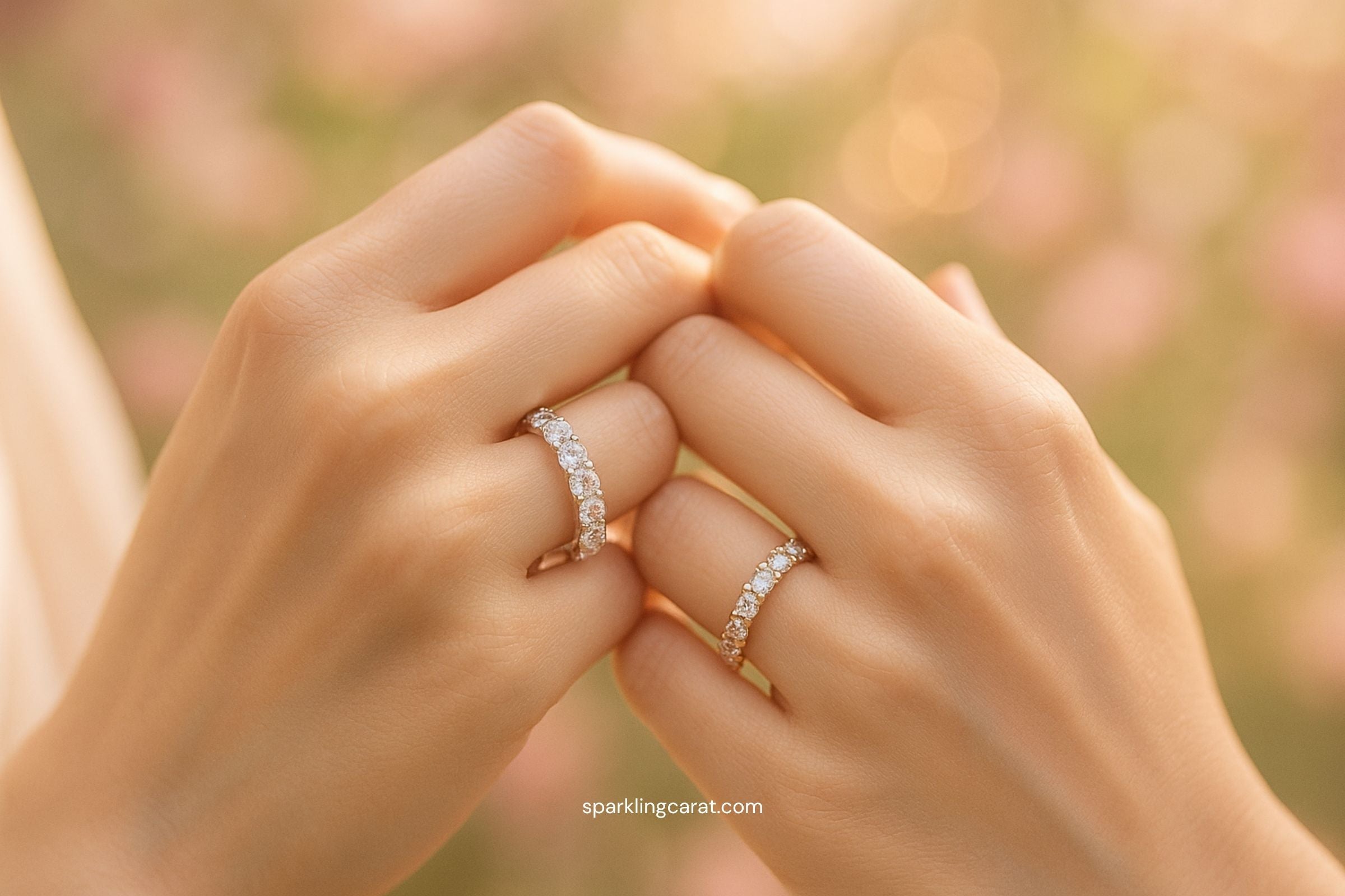 Comparison of an eternity ring and anniversary band on two different hands with diamonds sparkling.