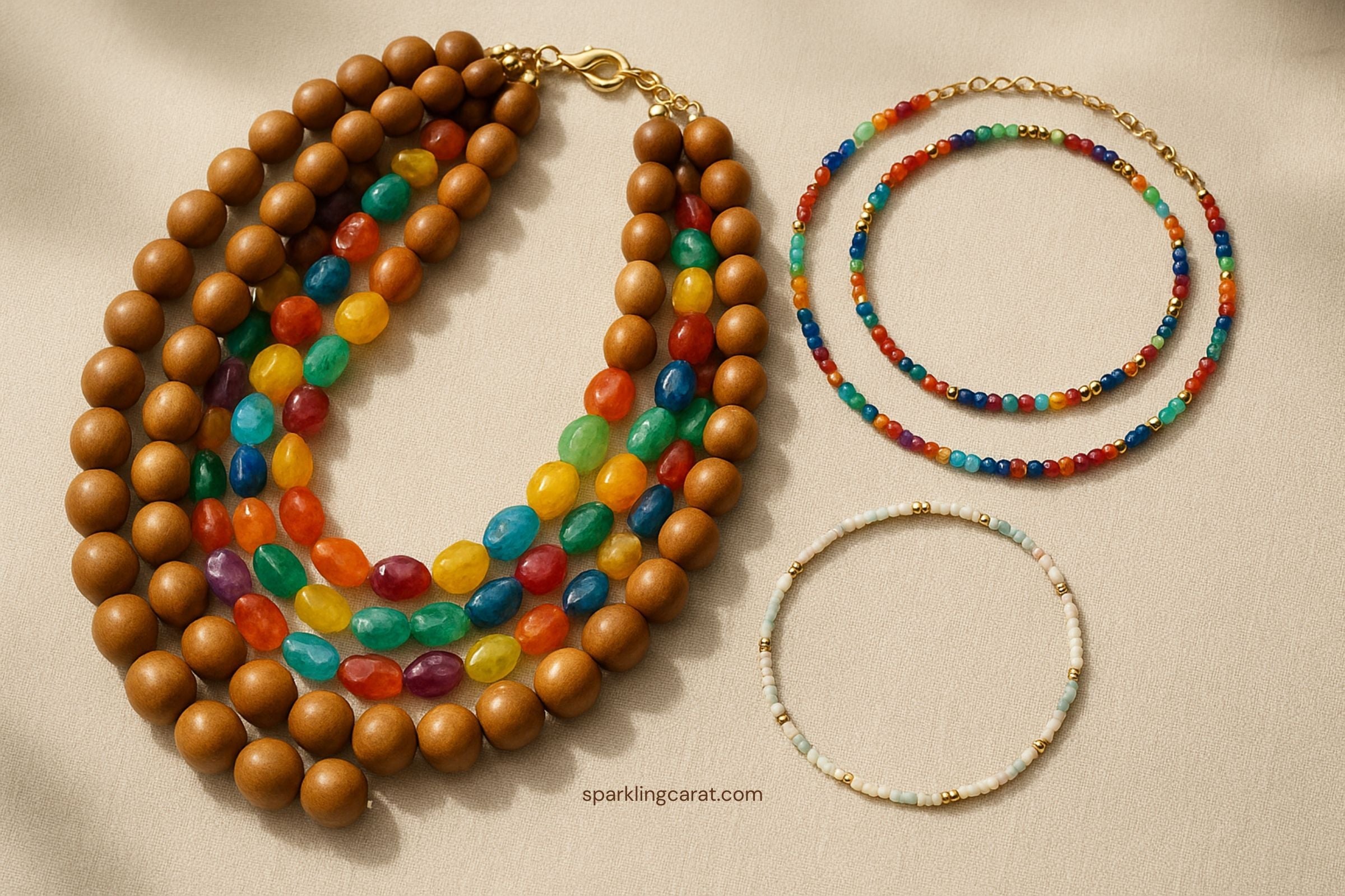 Three bold beaded accessories: chunky multi-strand wood and gemstone bead necklace, layered gemstone-and-metal choker, and gold-accented seed-bead bracelet.