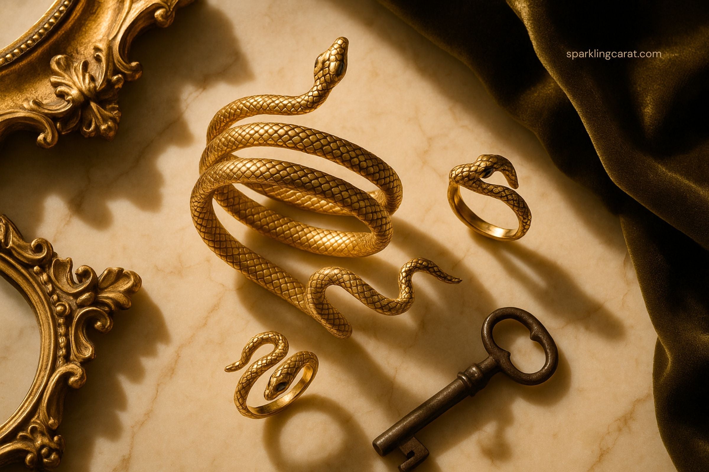 Bendable serpent bracelet and snake ring styled with vintage textures and mirrors.